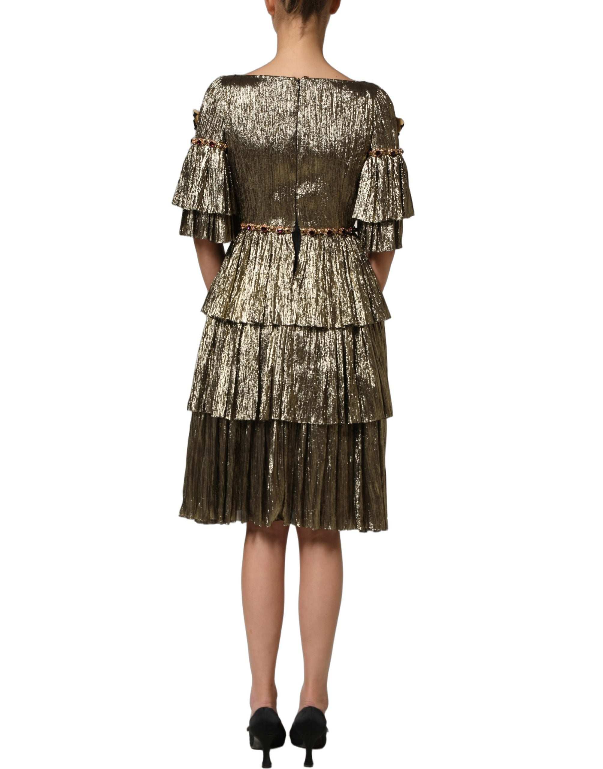 Dolce & Gabbana Metallic Gold Embellished Tiered Midi Dress Dolce & Gabbana