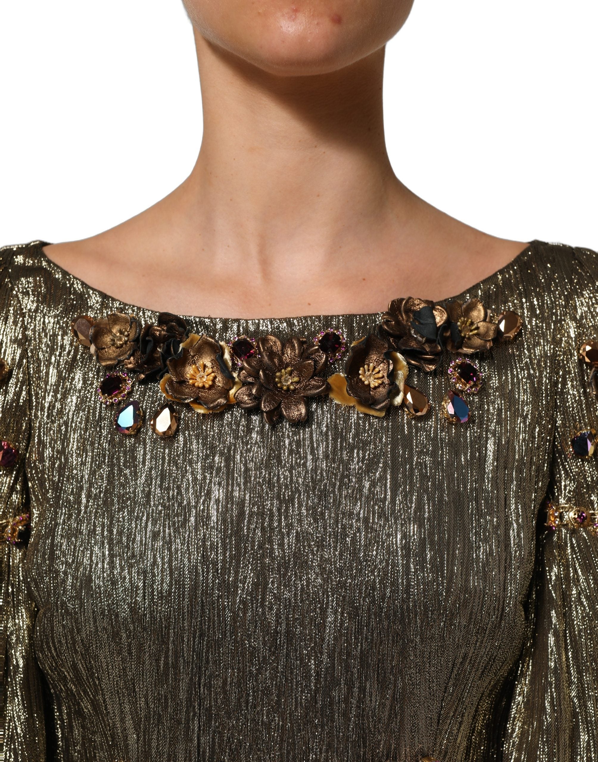 Dolce & Gabbana Metallic Gold Embellished Tiered Midi Dress Dolce & Gabbana