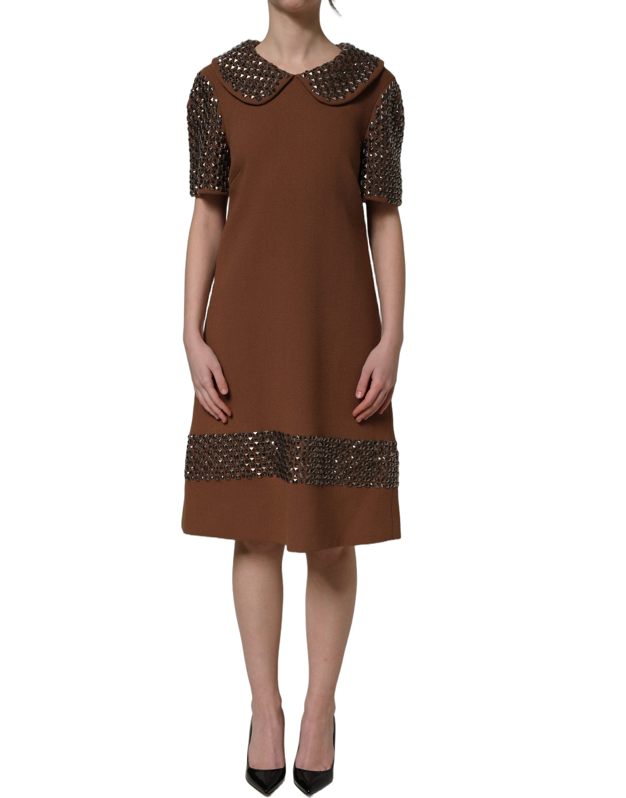 Dolce & Gabbana Brown Wool Rhinestone Embellished Midi Dress Dolce & Gabbana