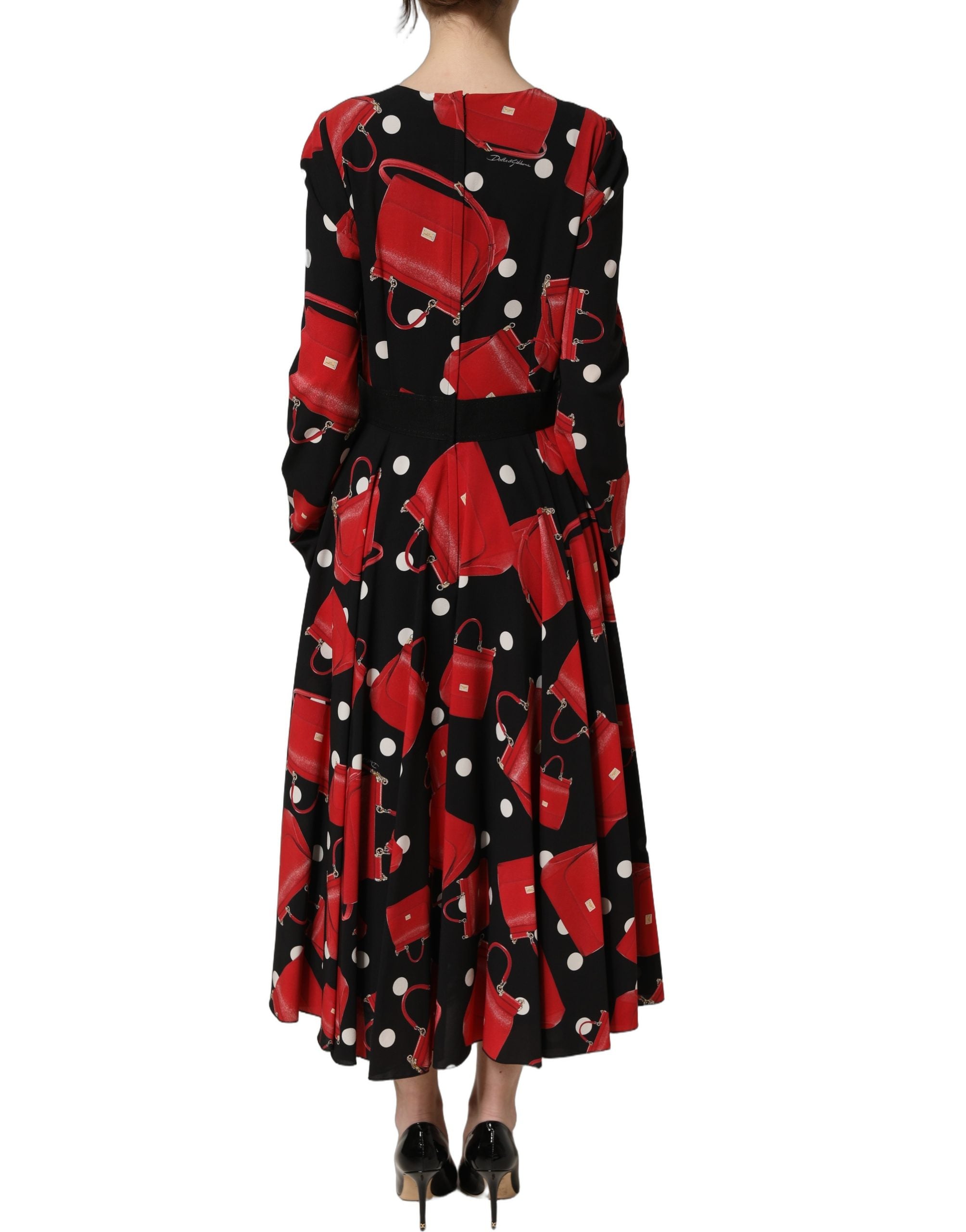 Dolce & Gabbana Black Handbag Print Long Sleeve Midi Dress Dolce & Gabbana