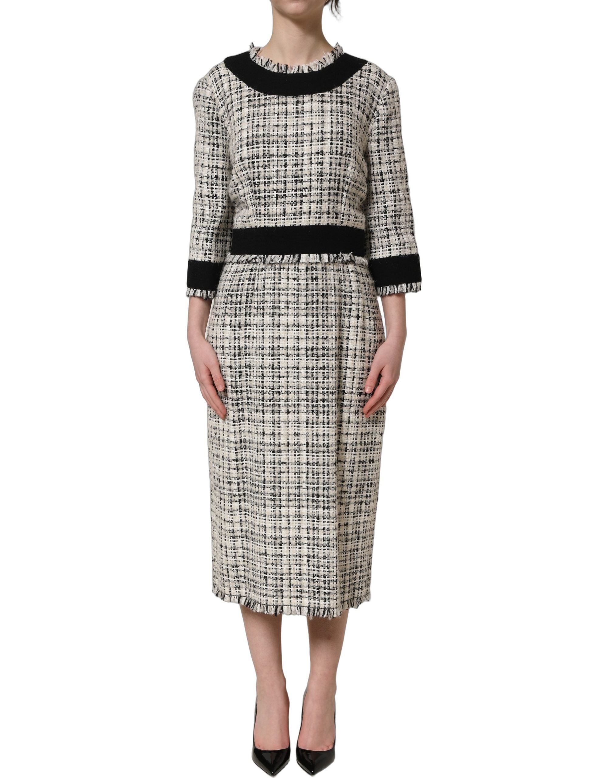 Dolce & Gabbana Multicolor Bouclé Tweed Frayed Trim Midi Dress Dolce & Gabbana