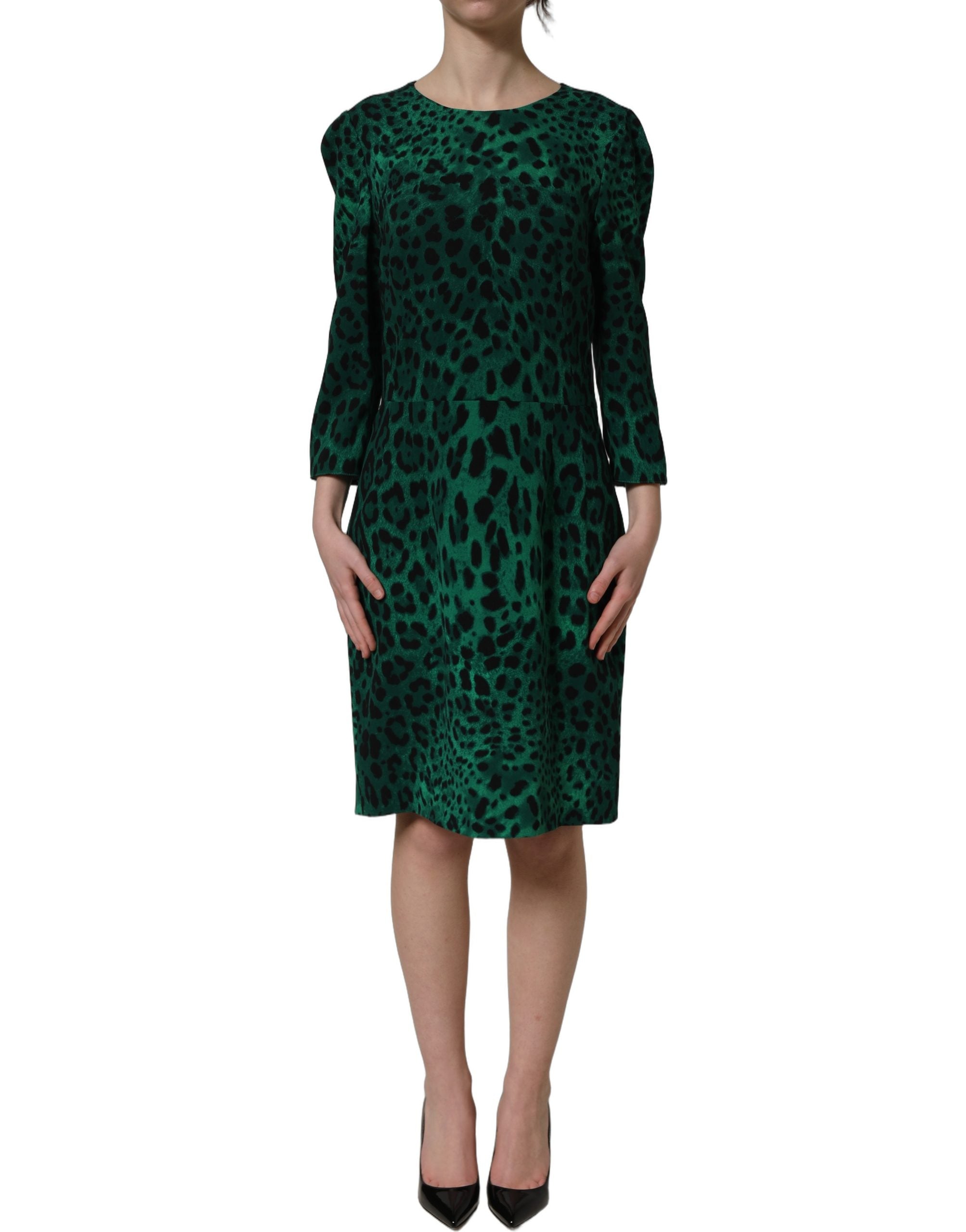 Dolce & Gabbana Green Leopard Print Silk Knee Length Dress Dolce & Gabbana