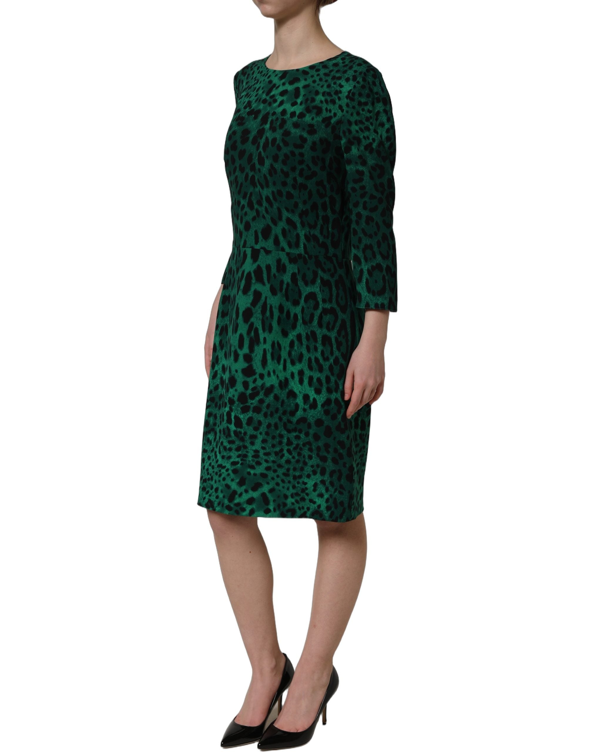 Dolce & Gabbana Green Leopard Print Silk Knee Length Dress Dolce & Gabbana