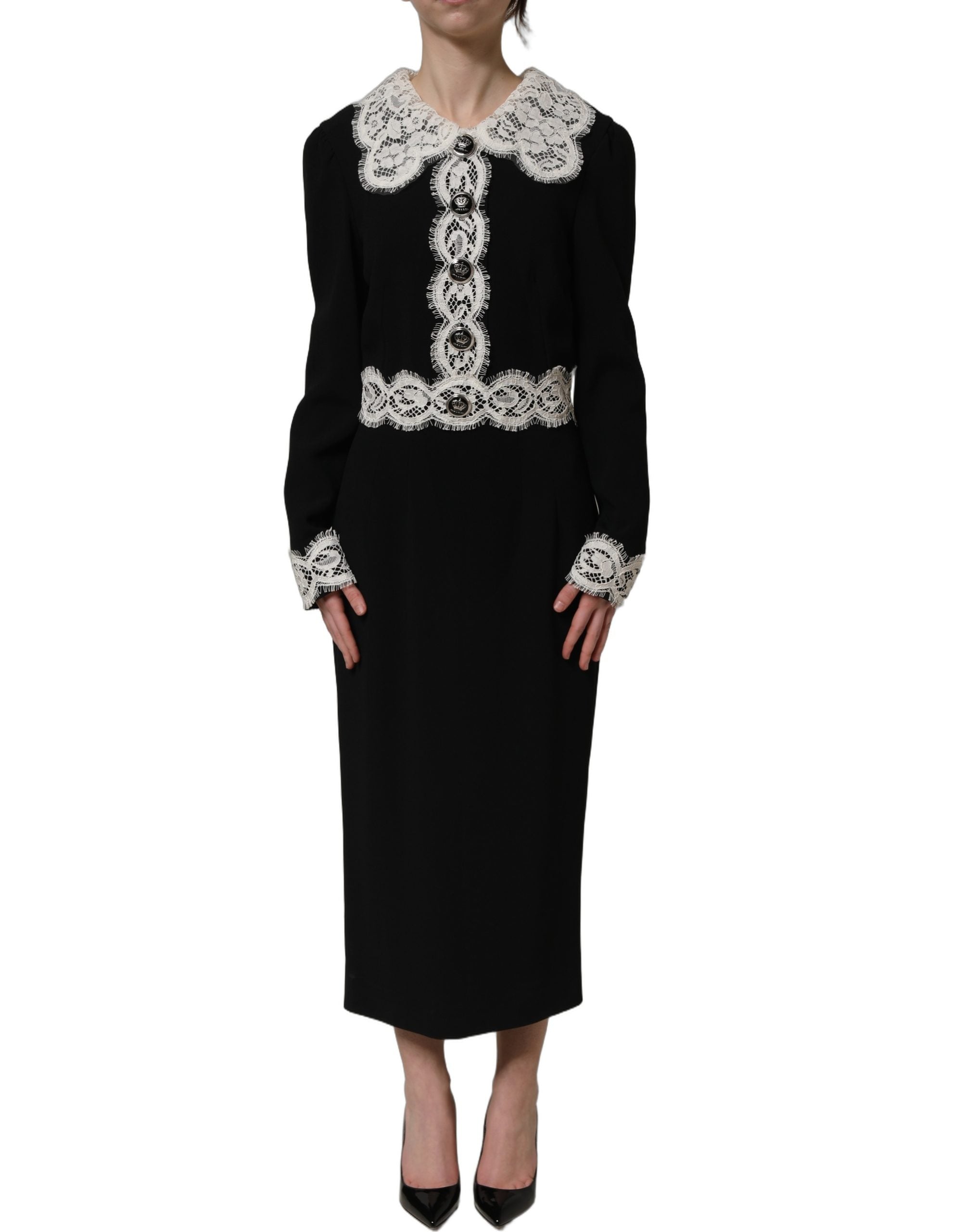 Dolce & Gabbana Black Lace Detailing Long Sleeves Midi Dress Dolce & Gabbana