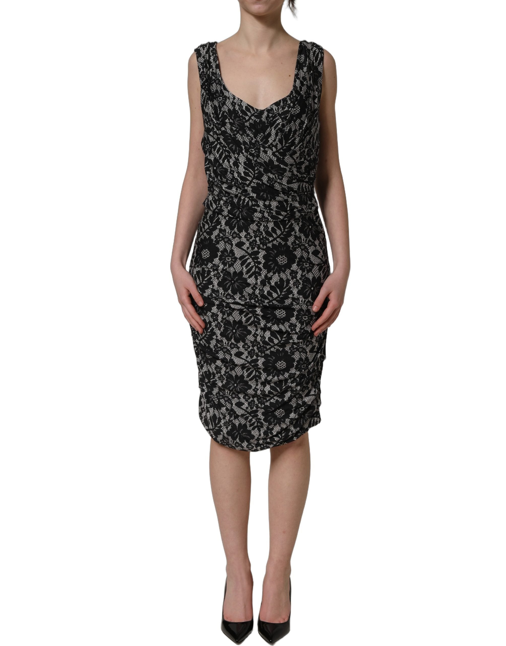 Dolce & Gabbana Black White Floral Lace Sleeveless Midi Dress Dolce & Gabbana
