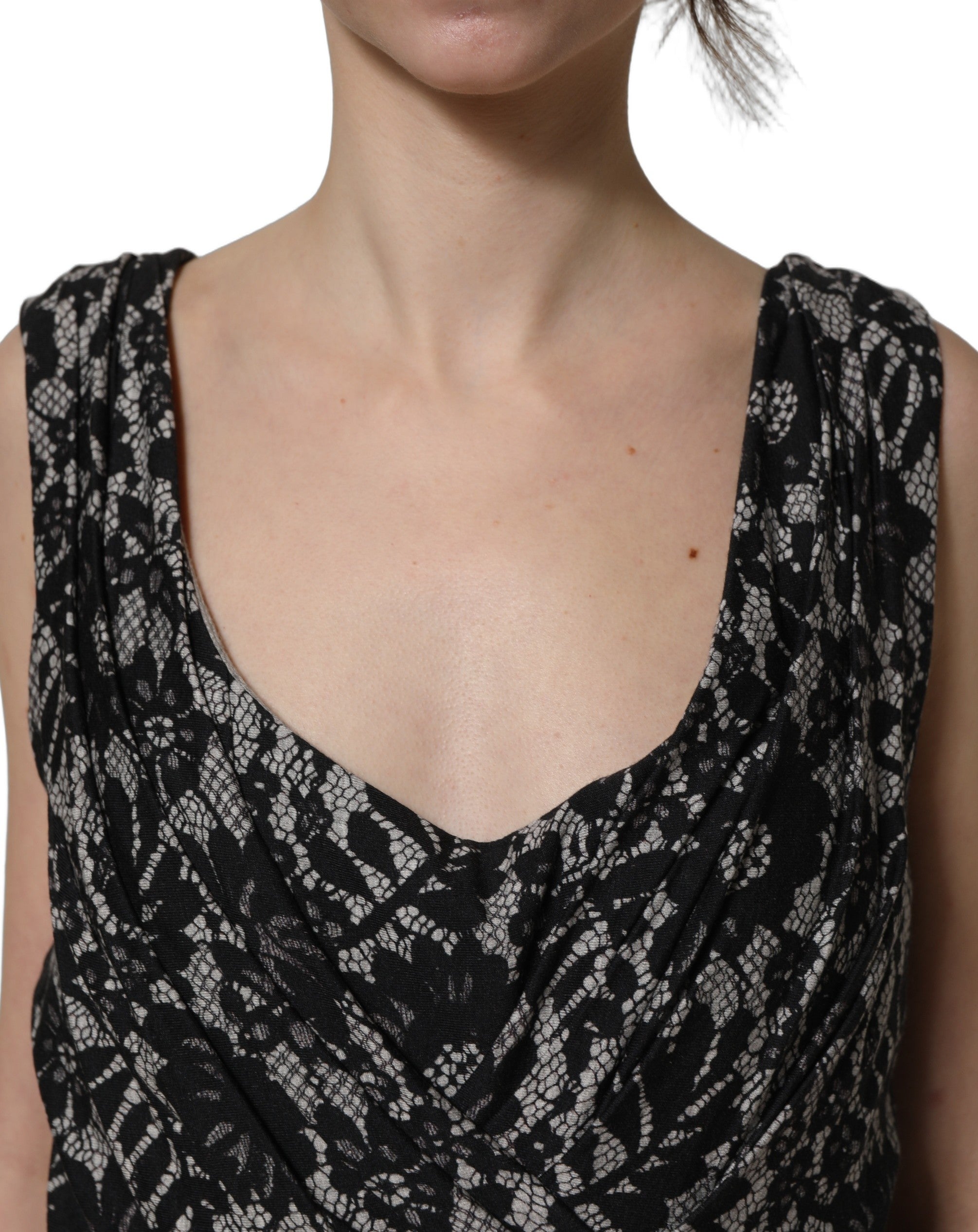 Dolce & Gabbana Black White Floral Lace Sleeveless Midi Dress Dolce & Gabbana