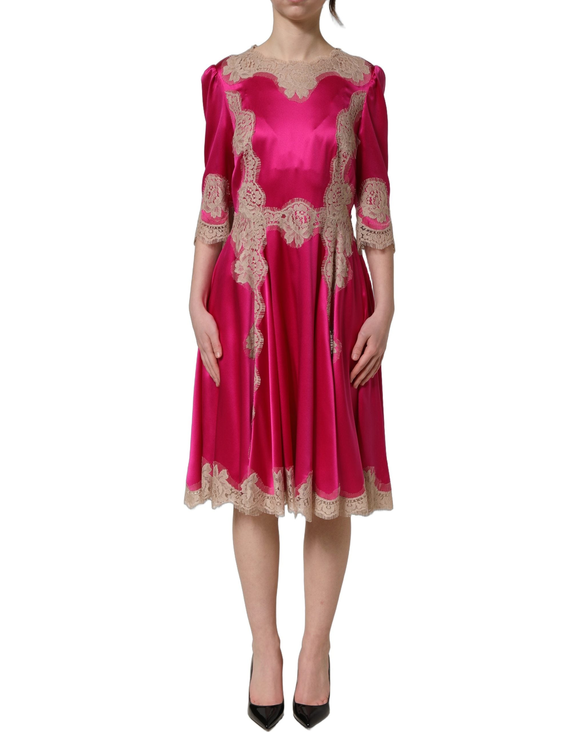 Dolce & Gabbana Fuchsia Pink Lace Detail A-line Midi Dress Dolce & Gabbana