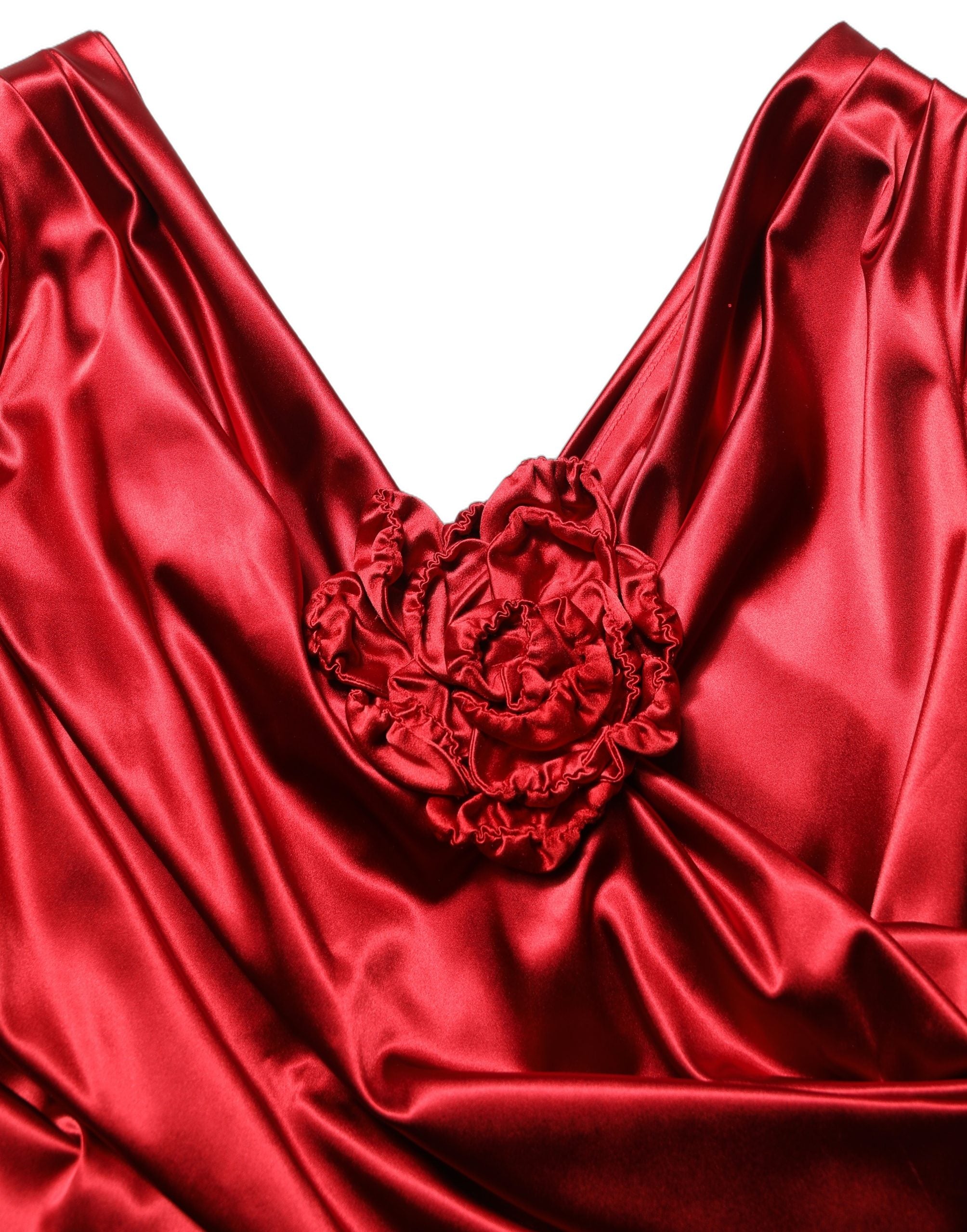 Dolce & Gabbana Red Silk Satin Draped Midi Floral Applique Dress Dolce & Gabbana