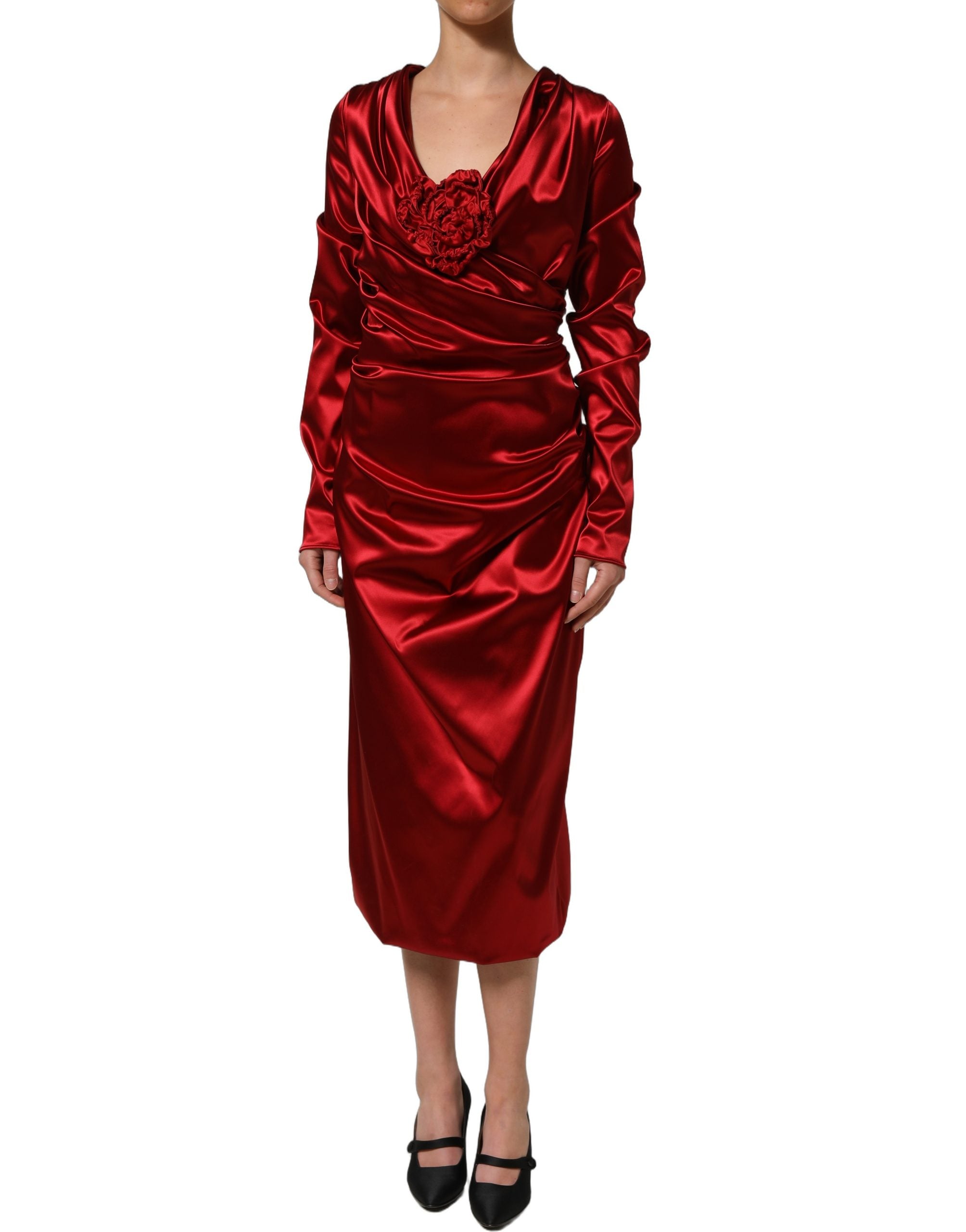 Dolce & Gabbana Red Silk Satin Draped Midi Floral Applique Dress Dolce & Gabbana