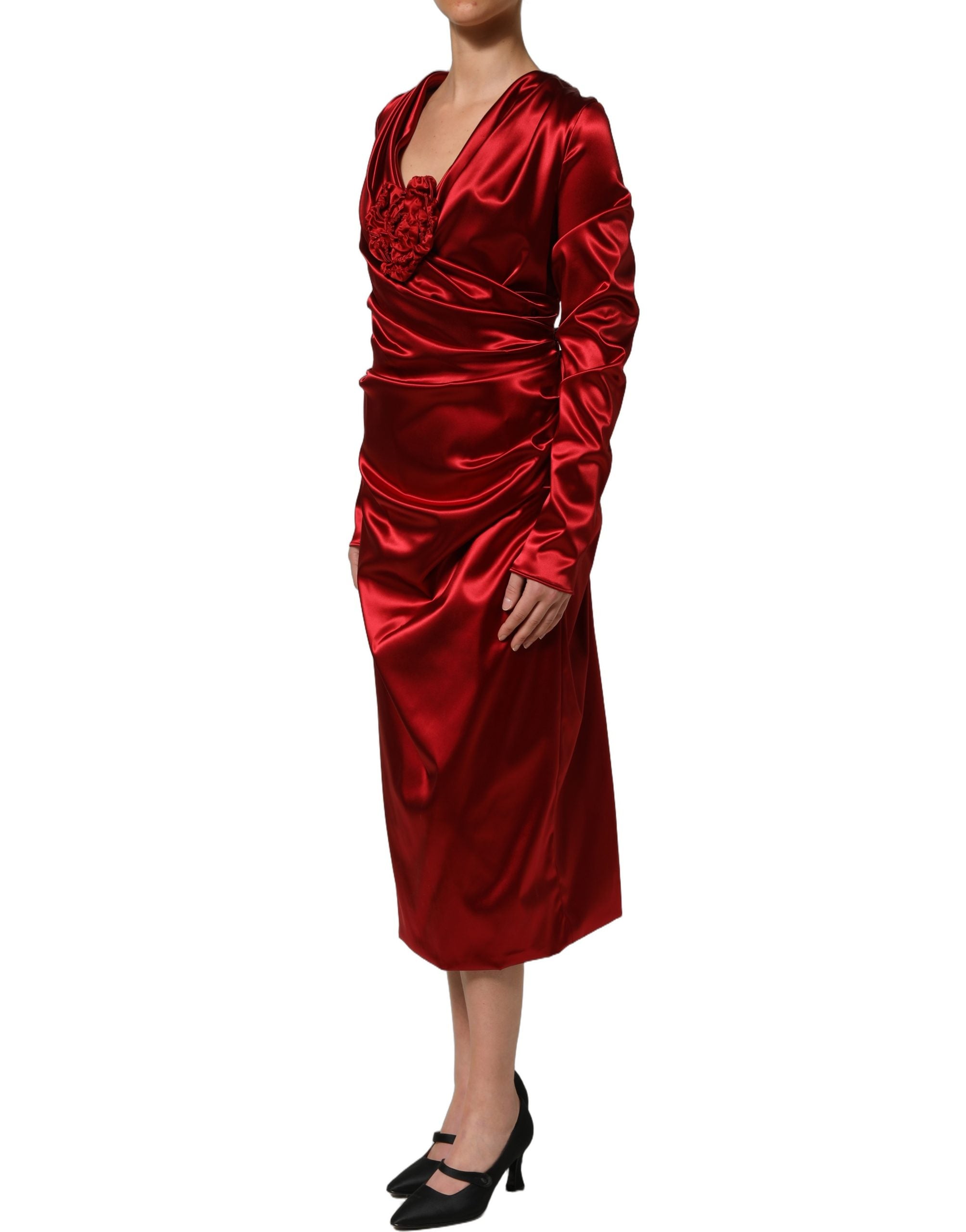Dolce & Gabbana Red Silk Satin Draped Midi Floral Applique Dress Dolce & Gabbana
