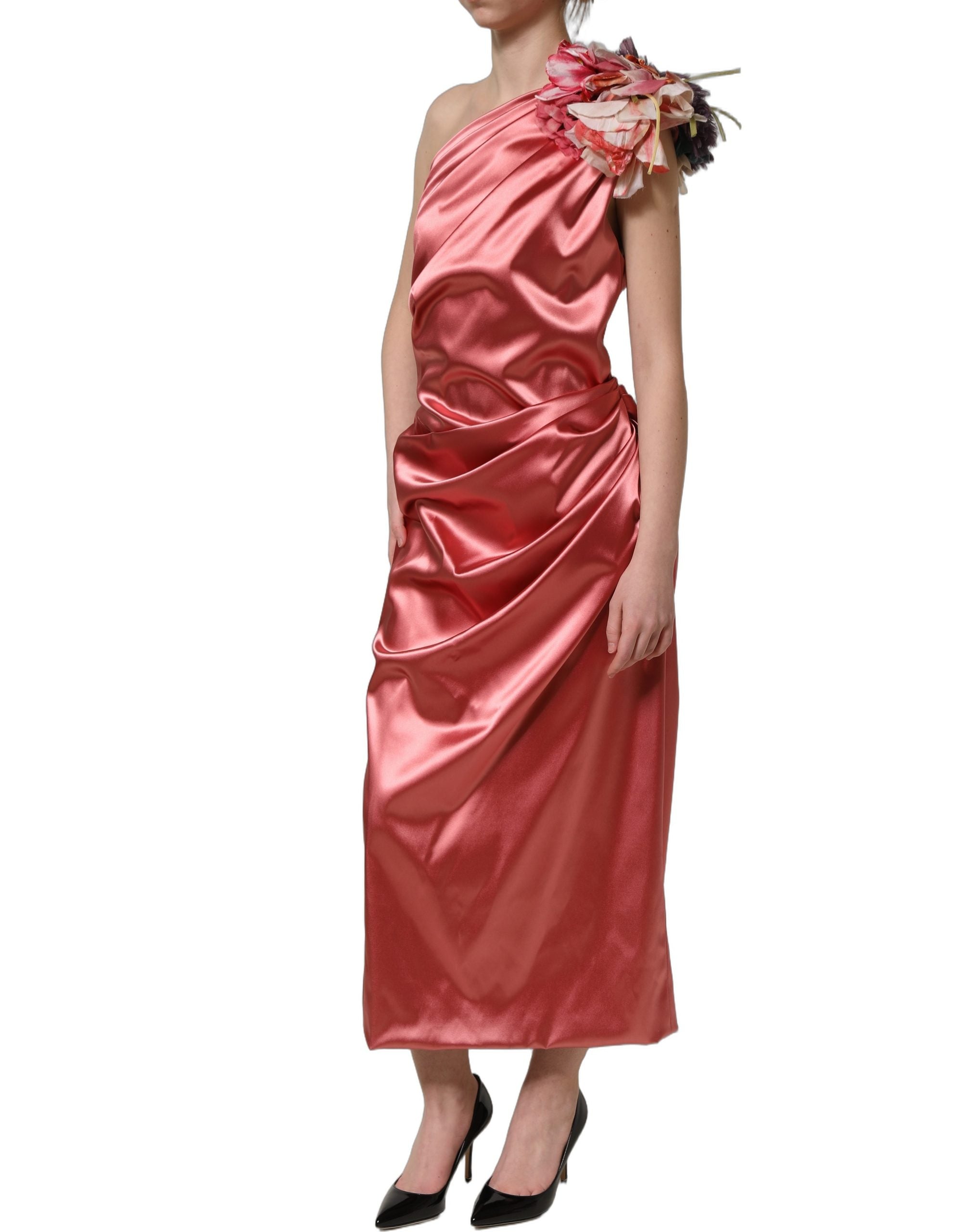 Dolce & Gabbana Pink Draped Midi Flower Appliques Dress Dolce & Gabbana