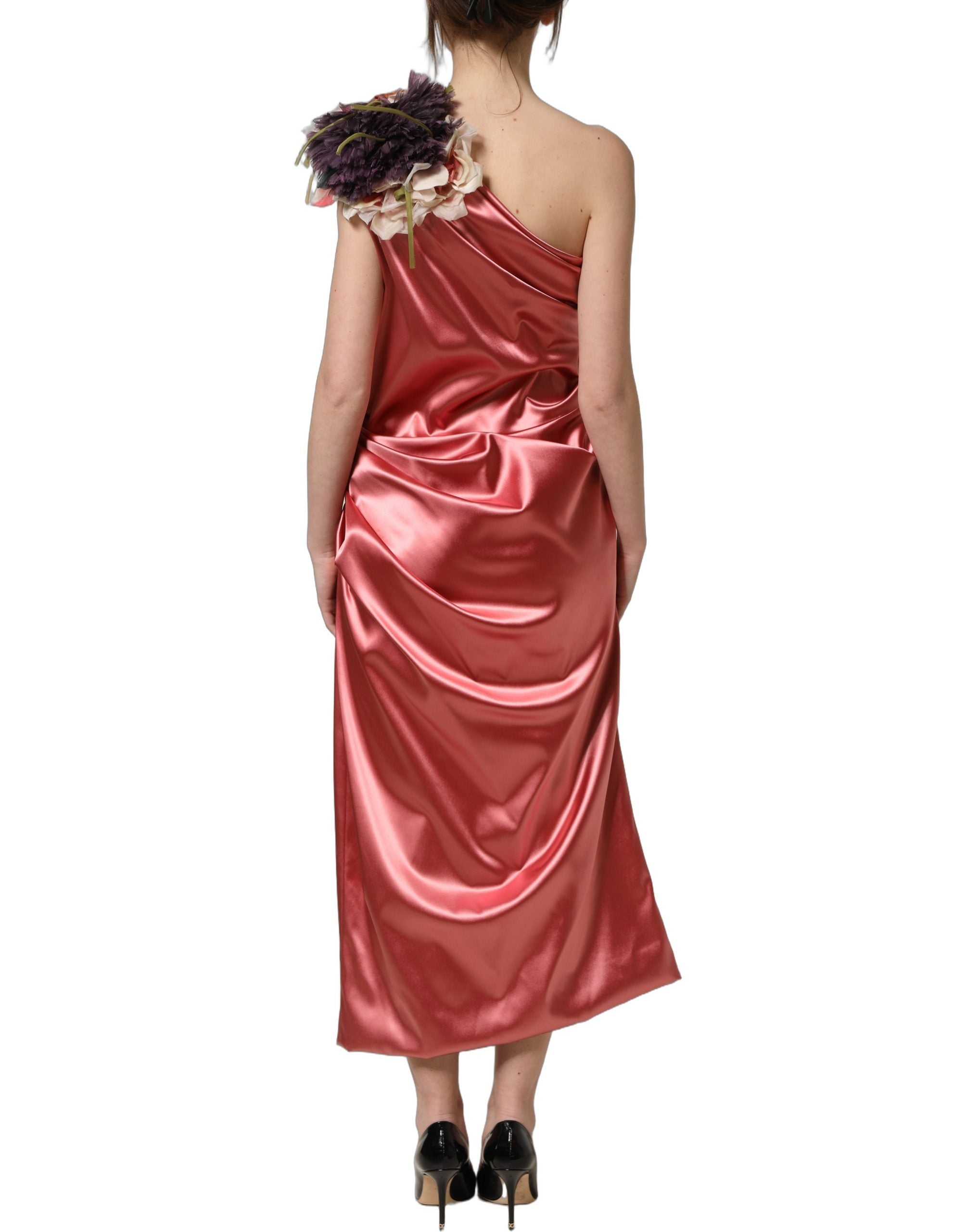 Dolce & Gabbana Pink Draped Midi Flower Appliques Dress Dolce & Gabbana