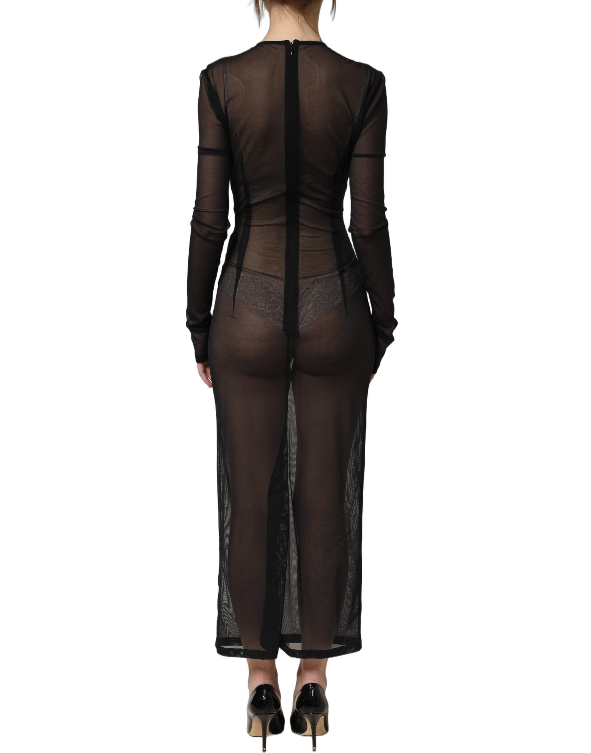 Dolce & Gabbana Black Long Sleeve Sheer Fitted Maxi Dress Dolce & Gabbana