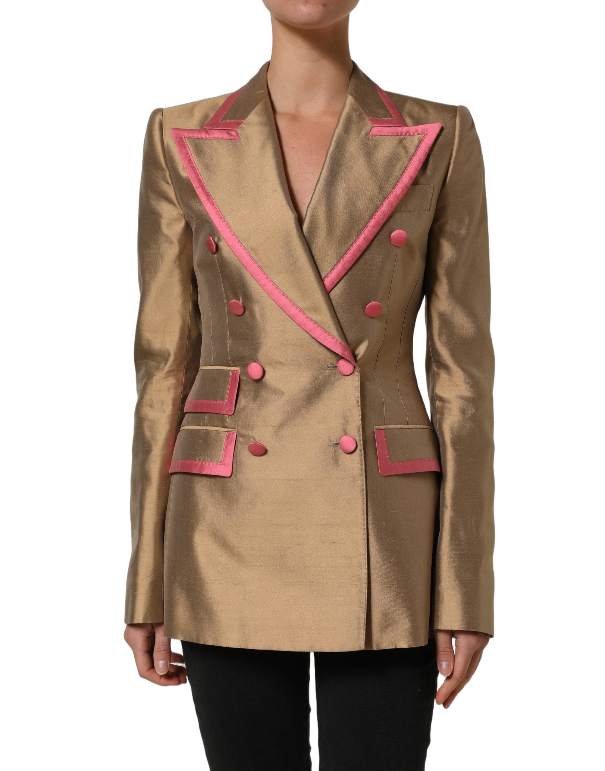 Dolce & Gabbana Gold Silk Double Breasted Coat Blazer Jacket Dolce & Gabbana