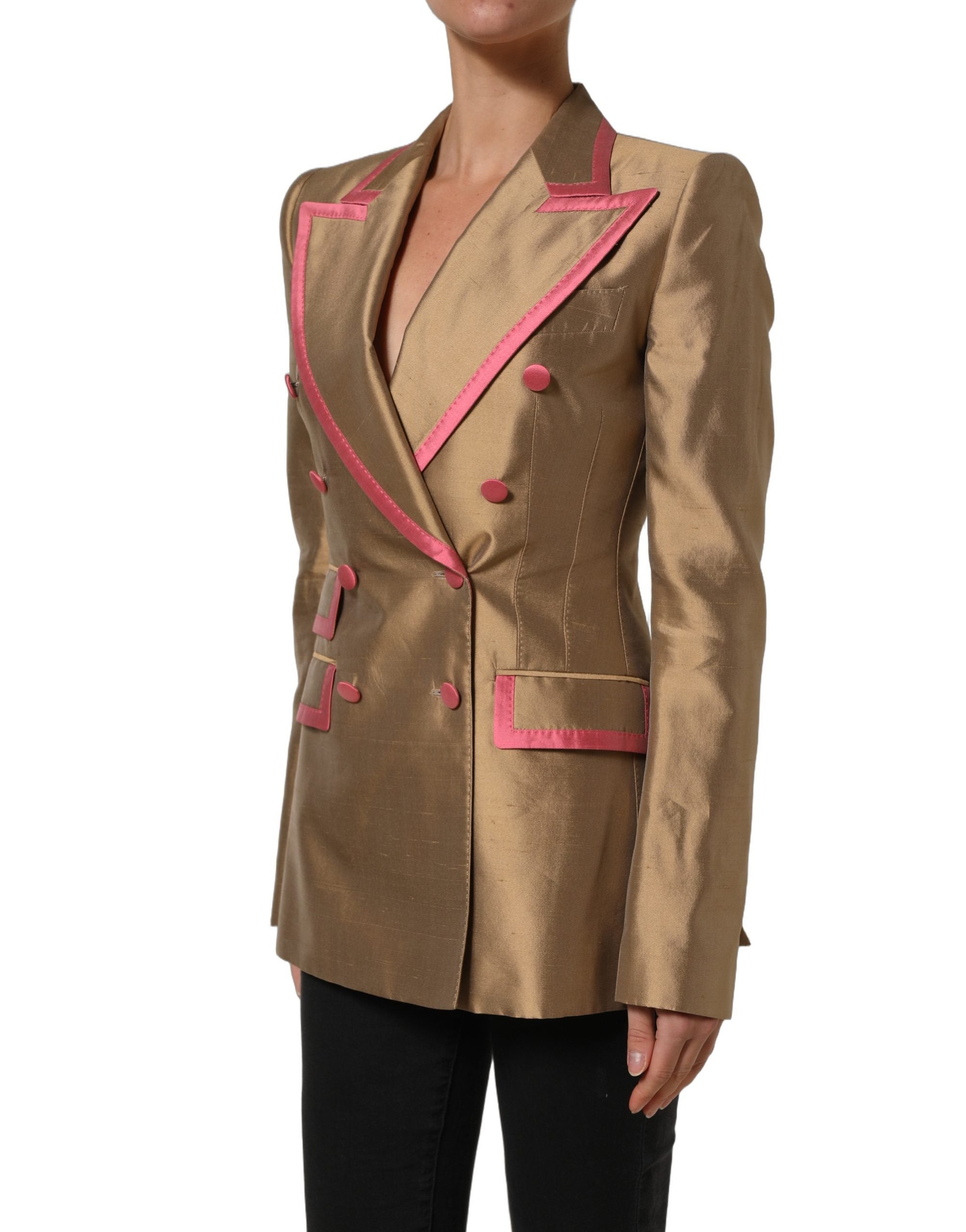 Dolce & Gabbana Gold Silk Double Breasted Coat Blazer Jacket Dolce & Gabbana
