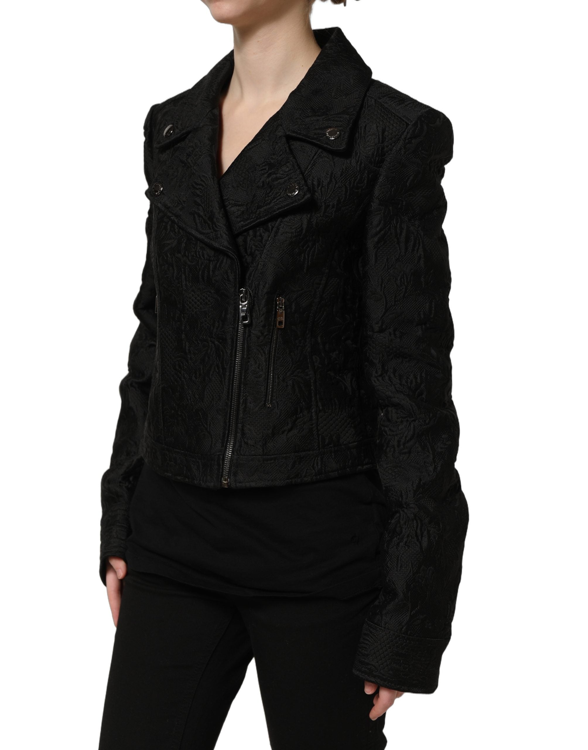 Dolce & Gabbana Black Floral Brocade Biker Blouson Jacket Dolce & Gabbana