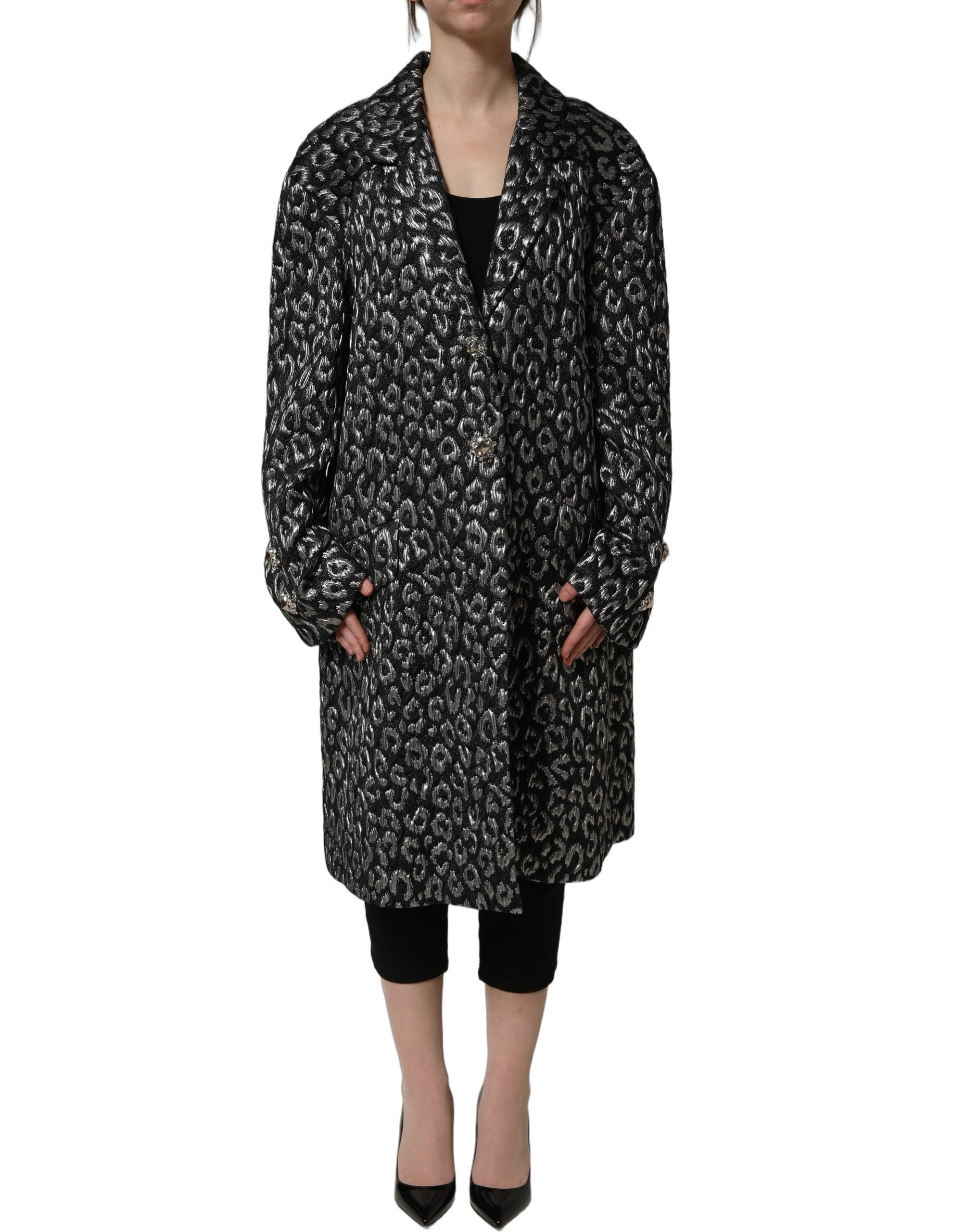 Dolce & Gabbana Black Silver Jacquard Leopard Coat Jacket Dolce & Gabbana