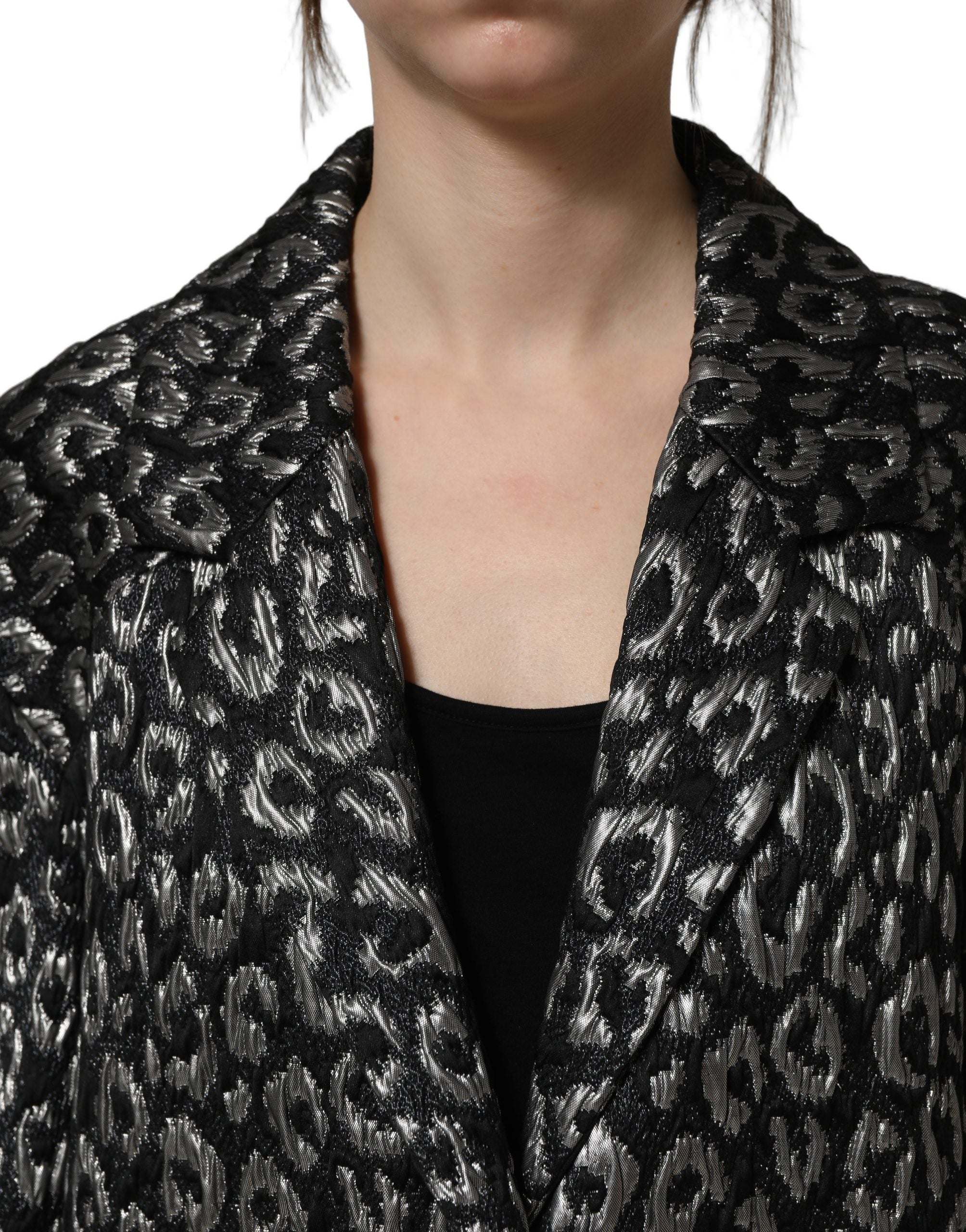 Dolce & Gabbana Black Silver Jacquard Leopard Coat Jacket Dolce & Gabbana