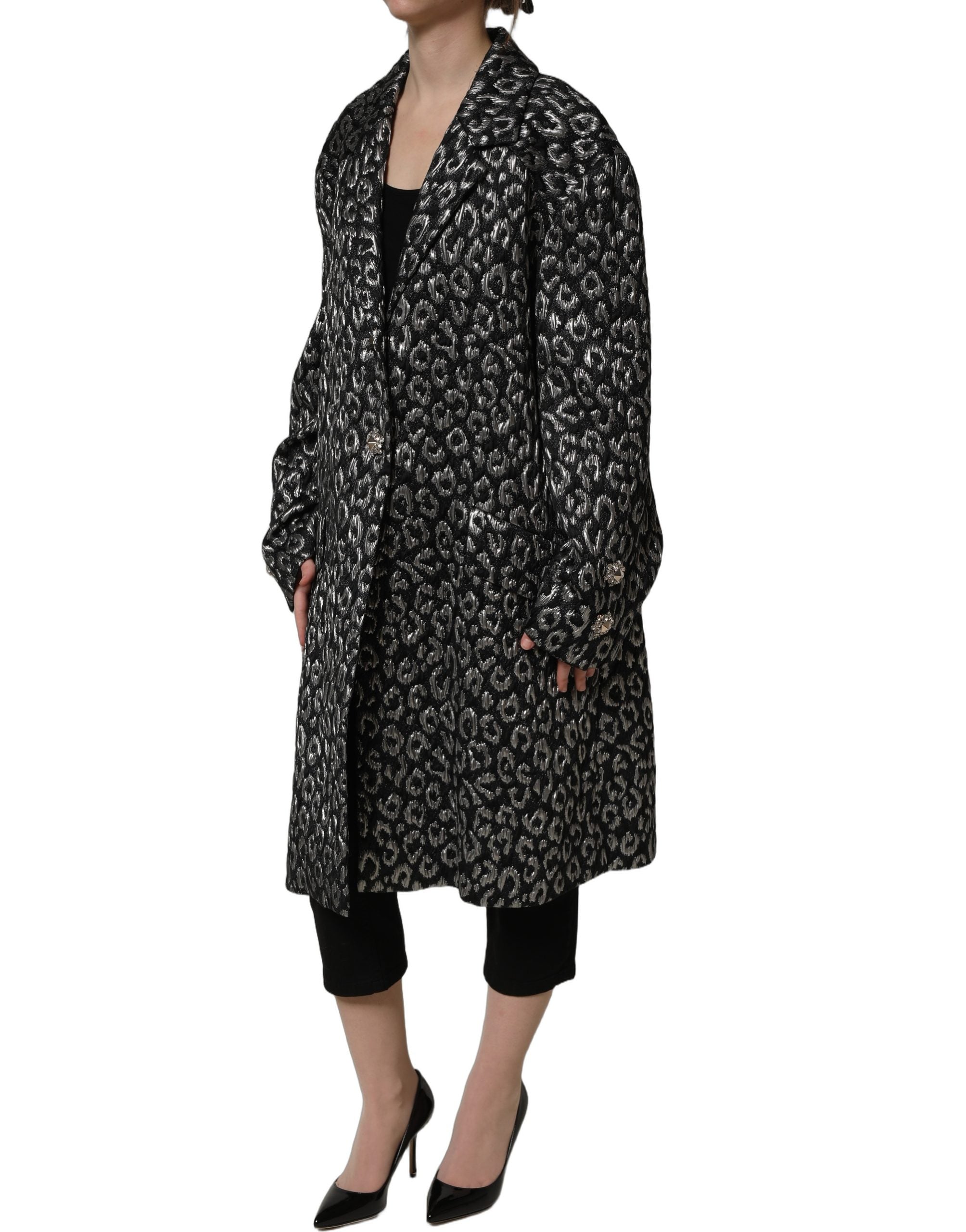 Dolce & Gabbana Black Silver Jacquard Leopard Coat Jacket Dolce & Gabbana
