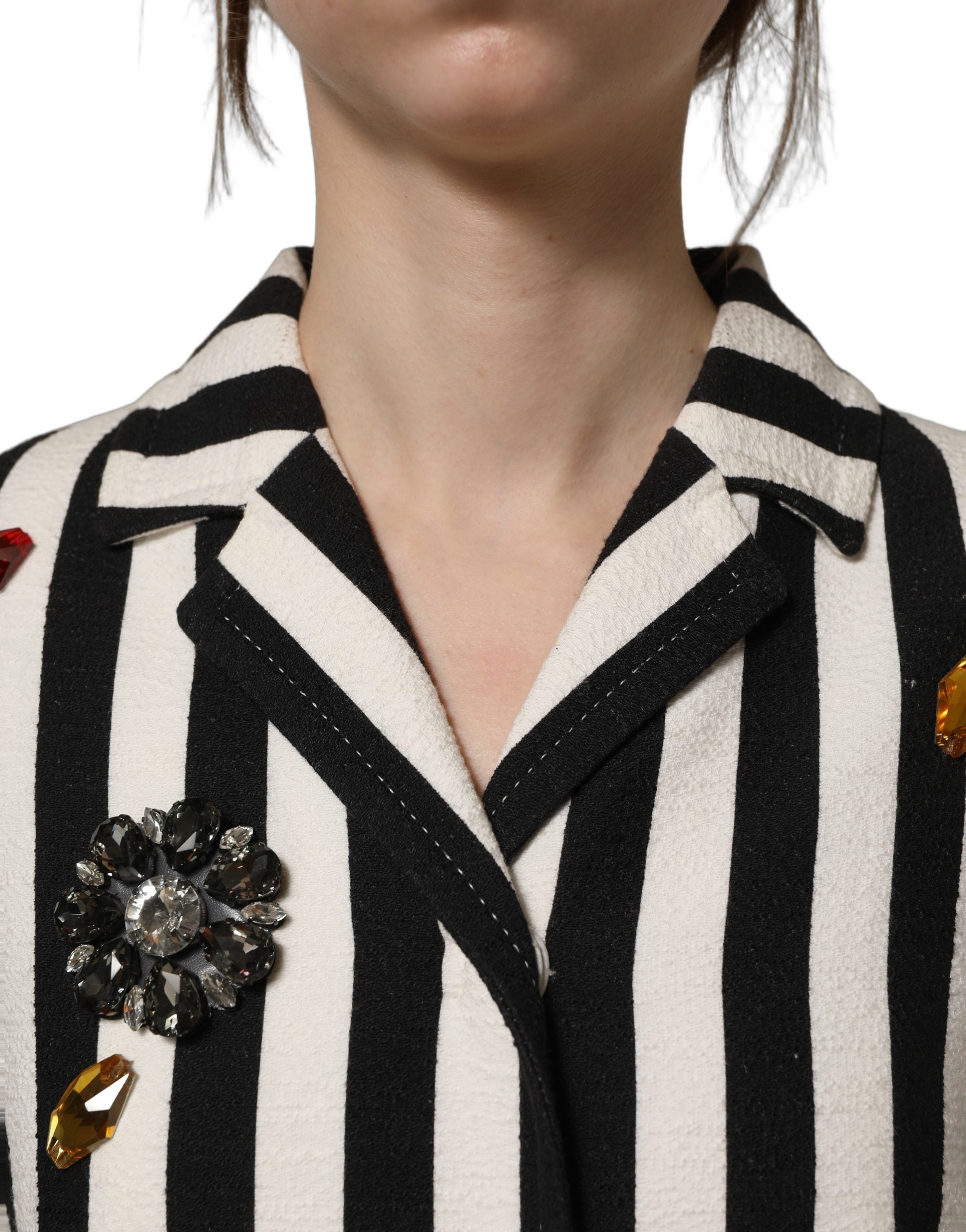 Dolce & Gabbana Black White Striped Embellished Coat Jacket Dolce & Gabbana