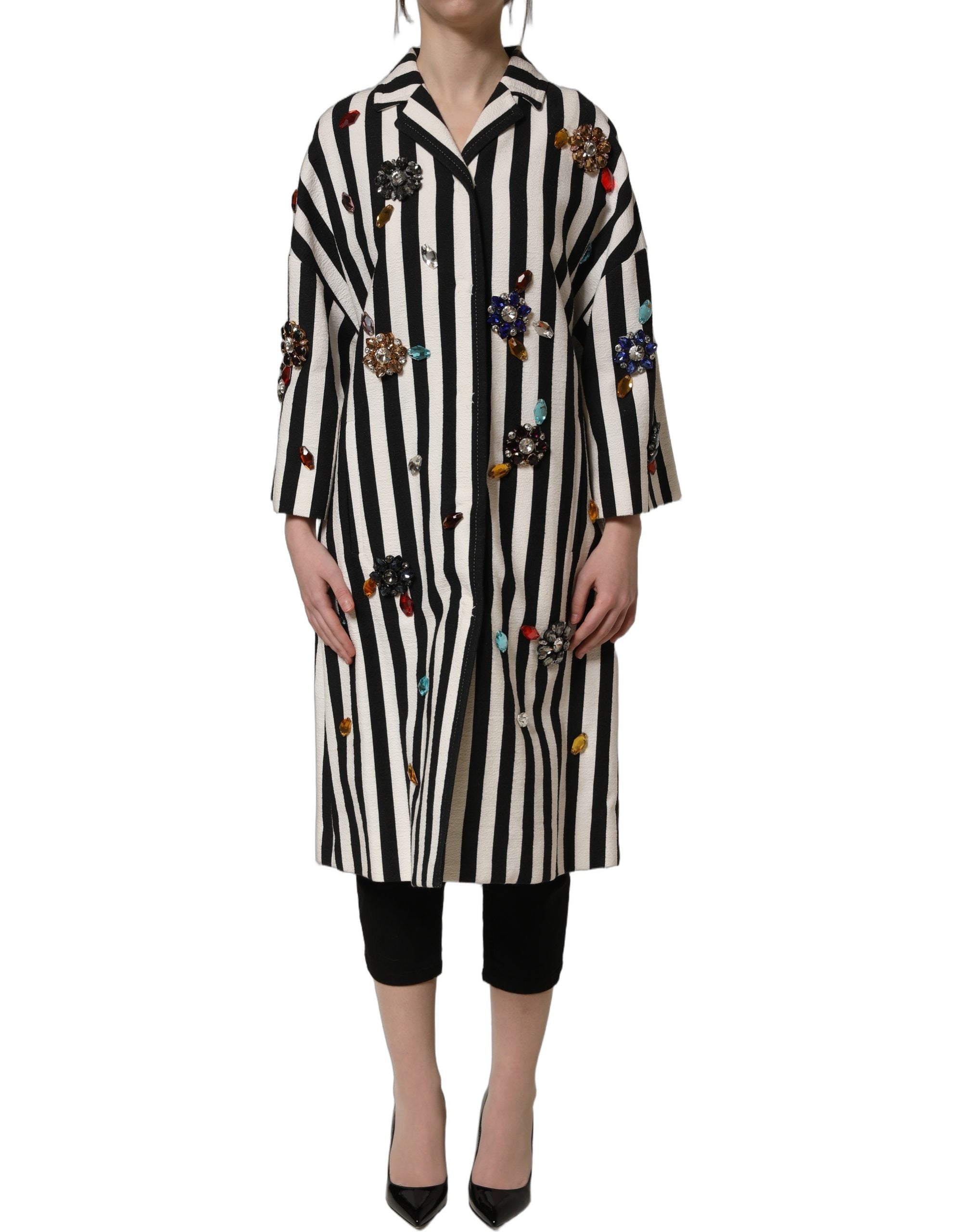 Dolce & Gabbana Black White Striped Embellished Coat Jacket Dolce & Gabbana