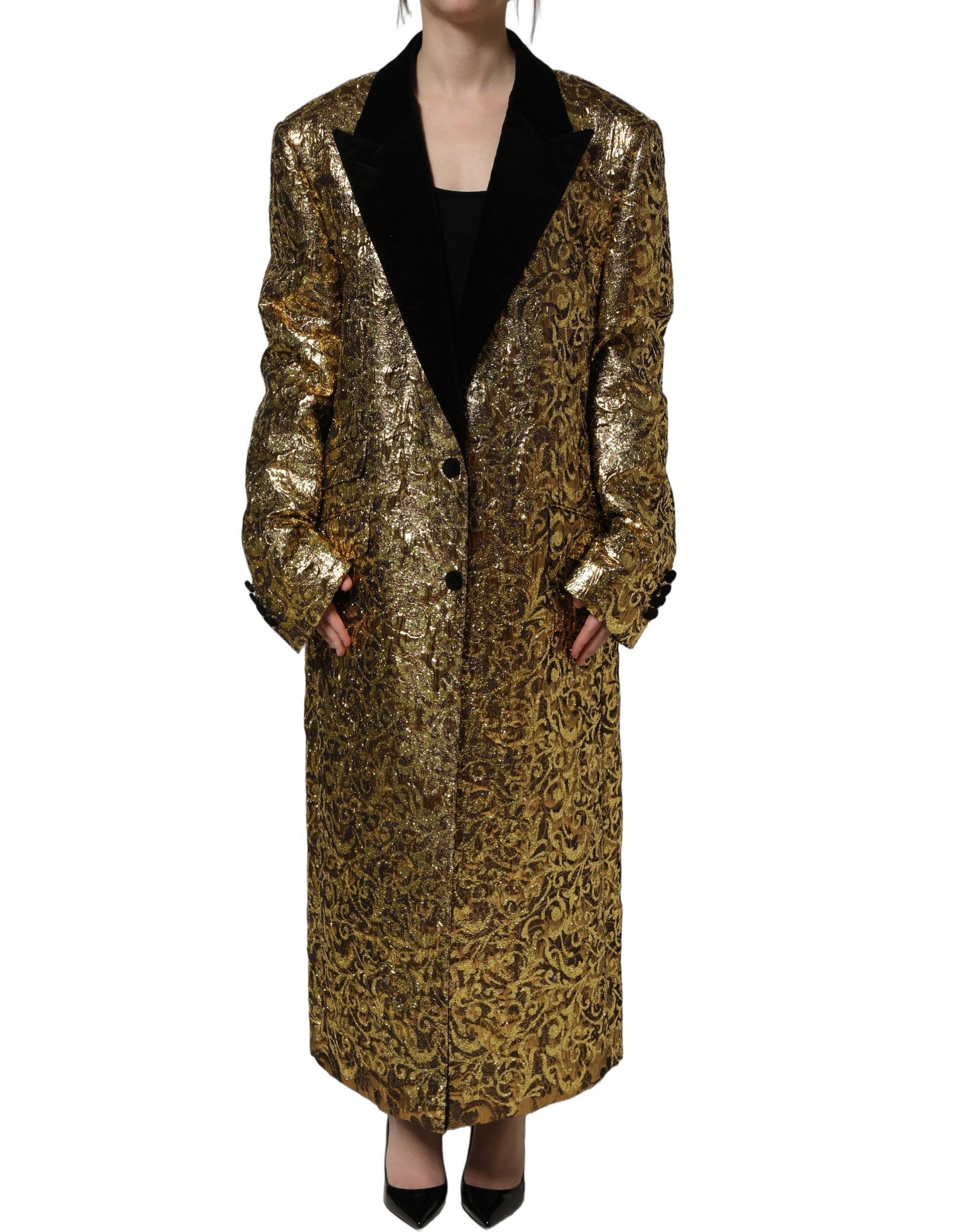 Dolce & Gabbana Gold Floral Jacquard Wool Trench Coat Jacket Dolce & Gabbana