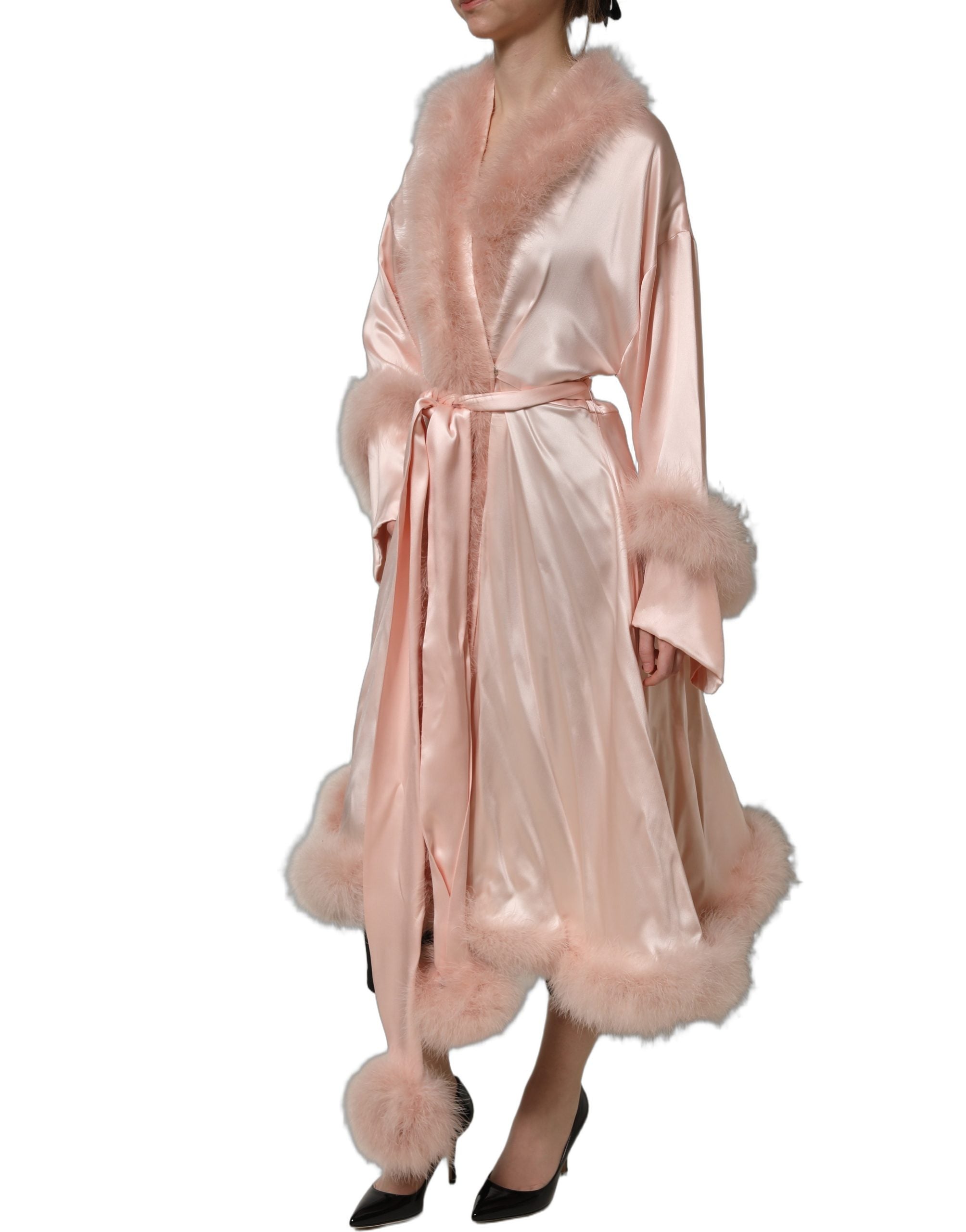 Dolce & Gabbana Light Pink Silk Turkey Feather Robe Jacket Dolce & Gabbana