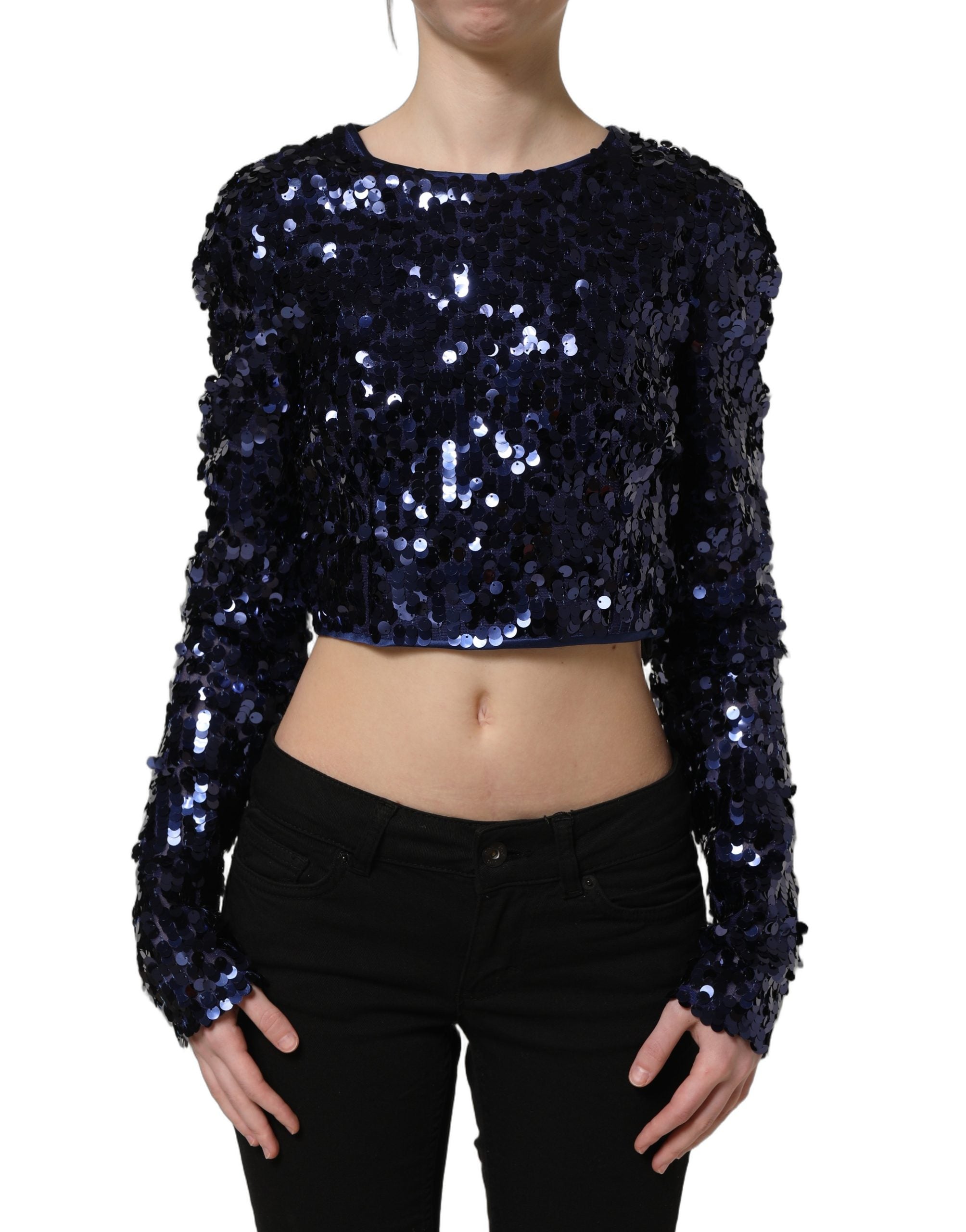 Dolce & Gabbana Blue Sequined Long Sleeves Crop Blouse Top Dolce & Gabbana