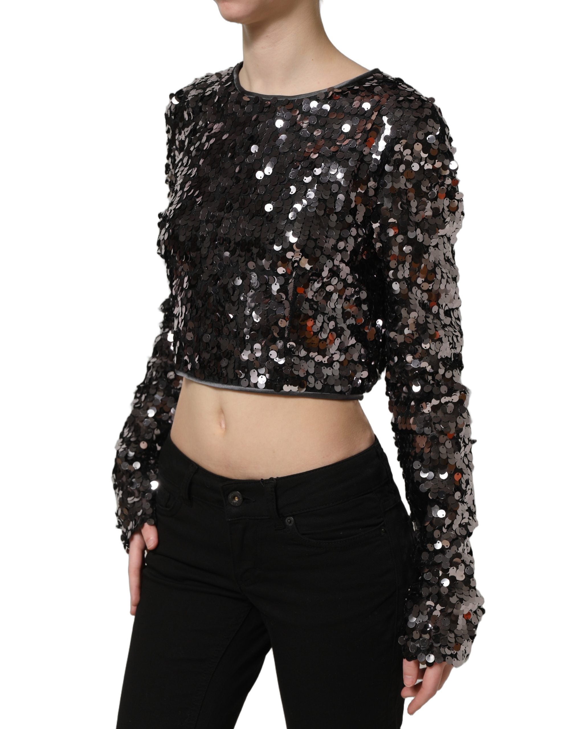 Dolce & Gabbana Black Sequined Long Sleeves Crop Blouse Top Dolce & Gabbana
