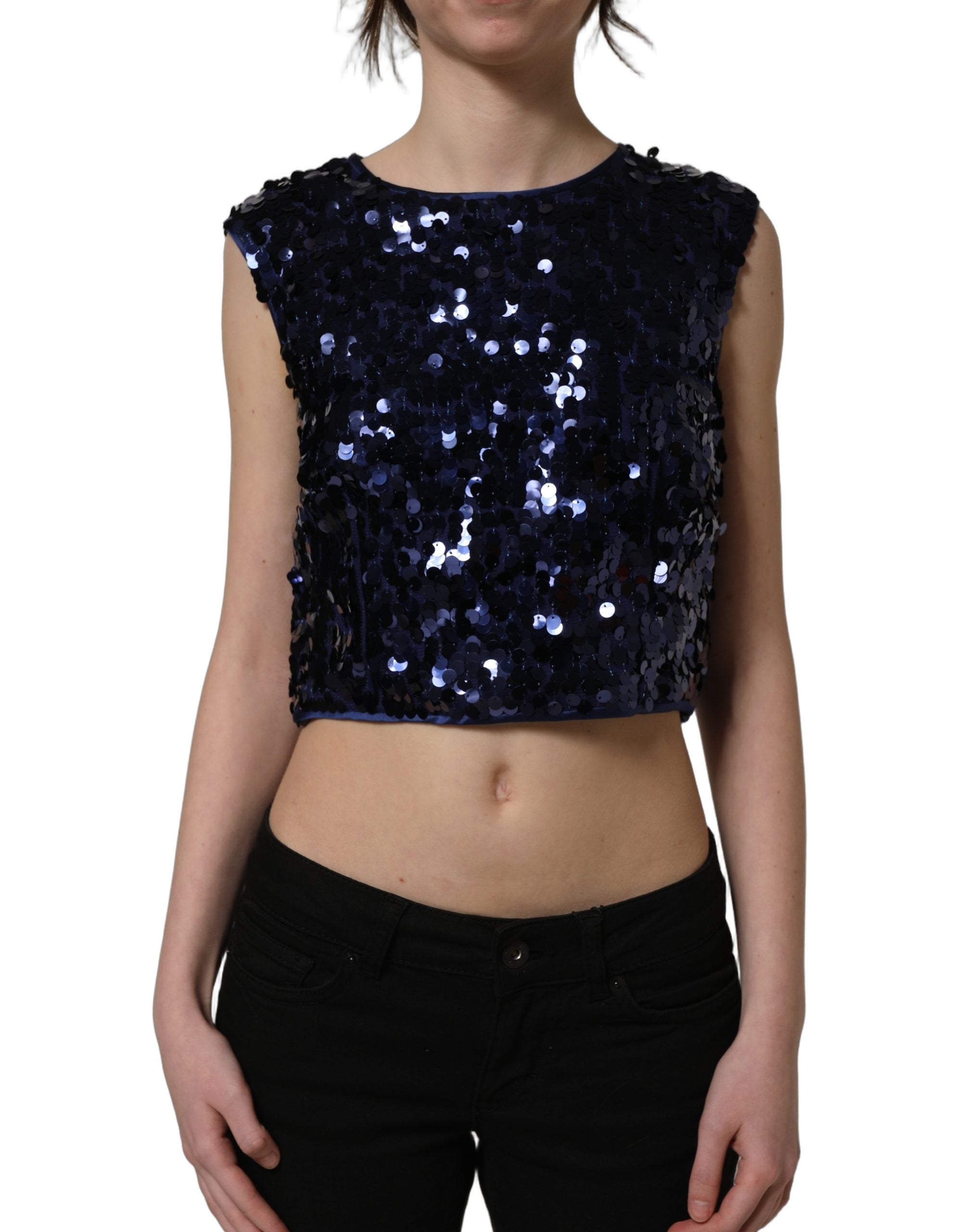 Dolce & Gabbana Blue Sequined Sleeveless Cropped Tank Top Dolce & Gabbana
