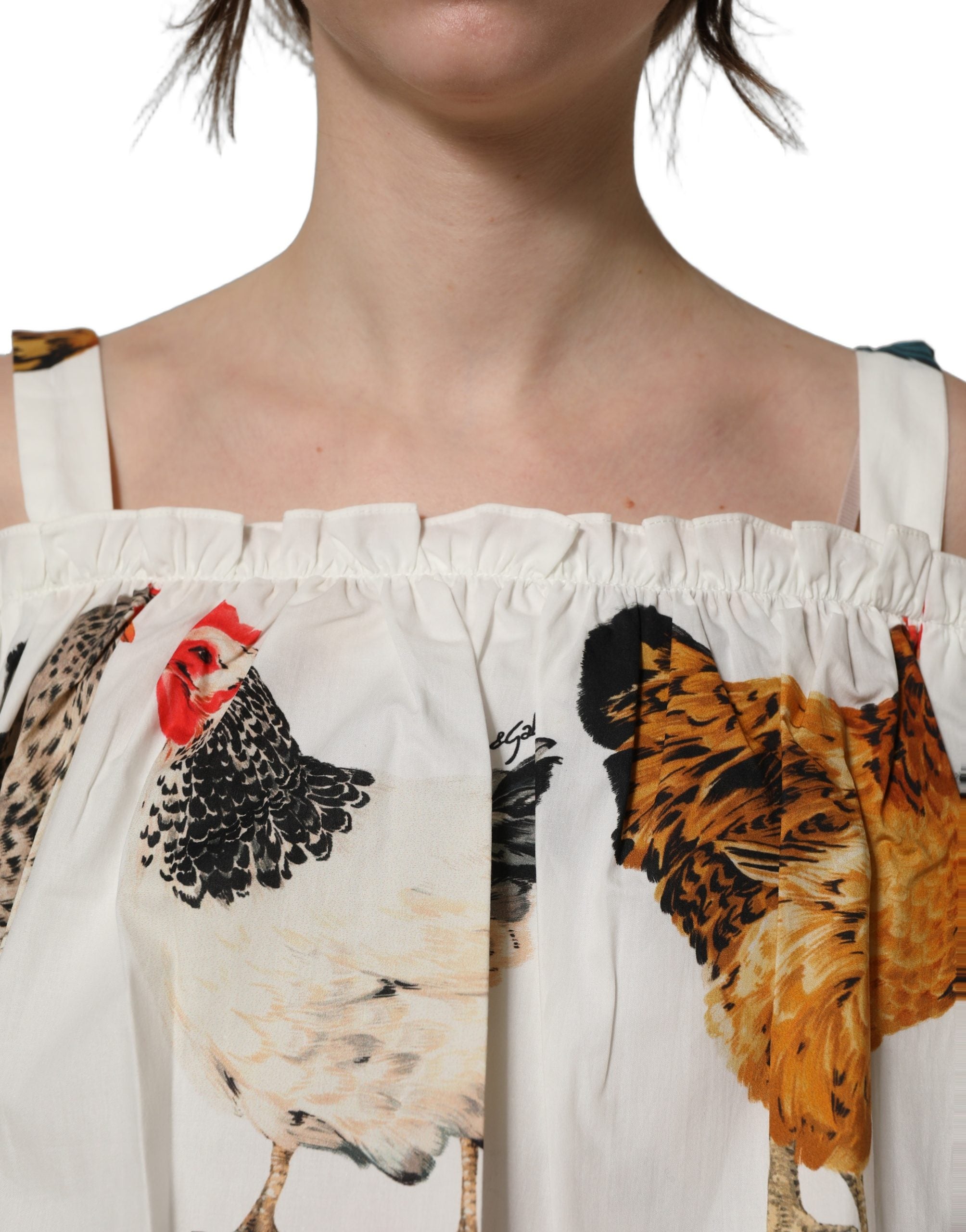 Dolce & Gabbana White Rooster Print Poplin Off The Shoulder Top Dolce & Gabbana