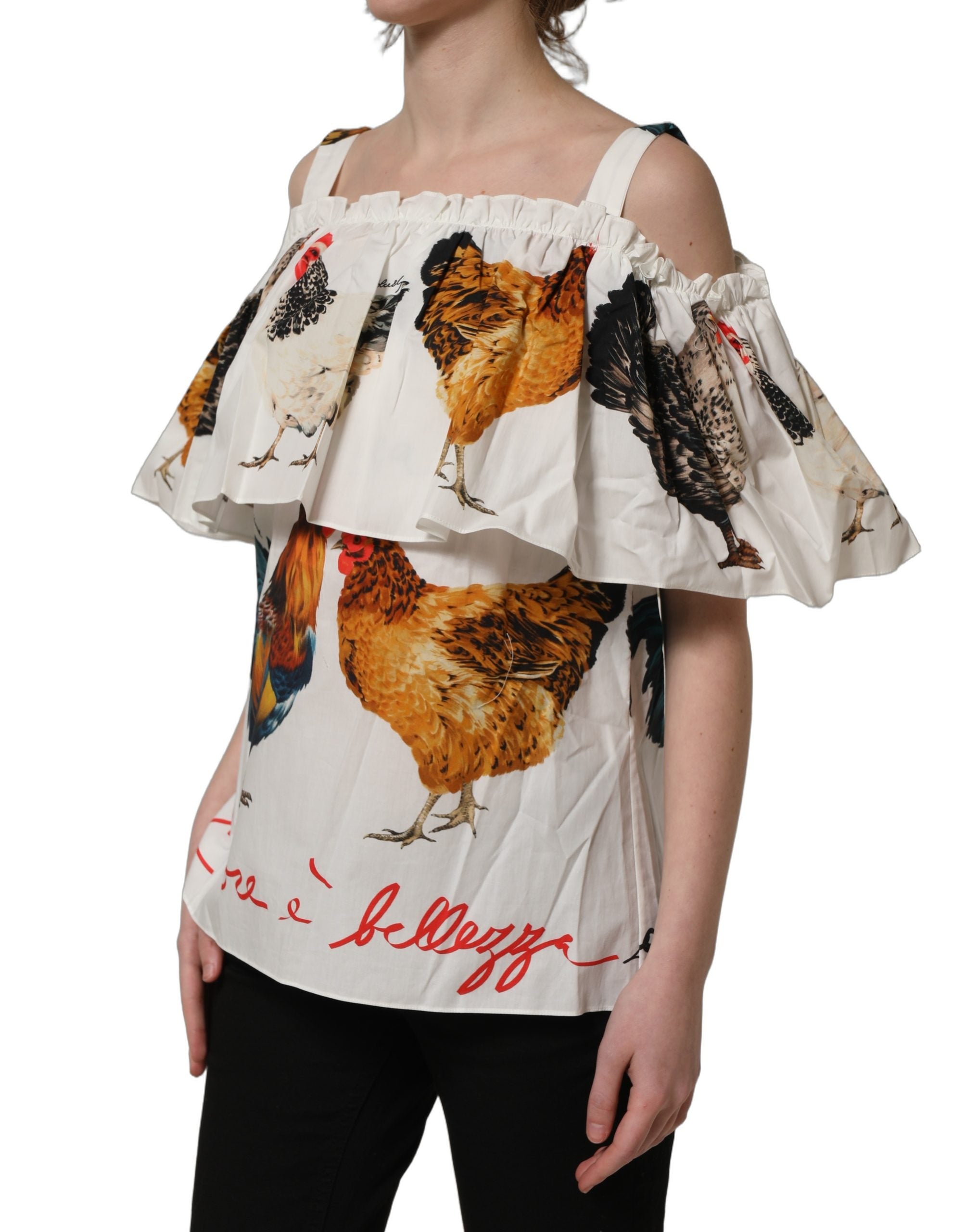 Dolce & Gabbana White Rooster Print Poplin Off The Shoulder Top Dolce & Gabbana