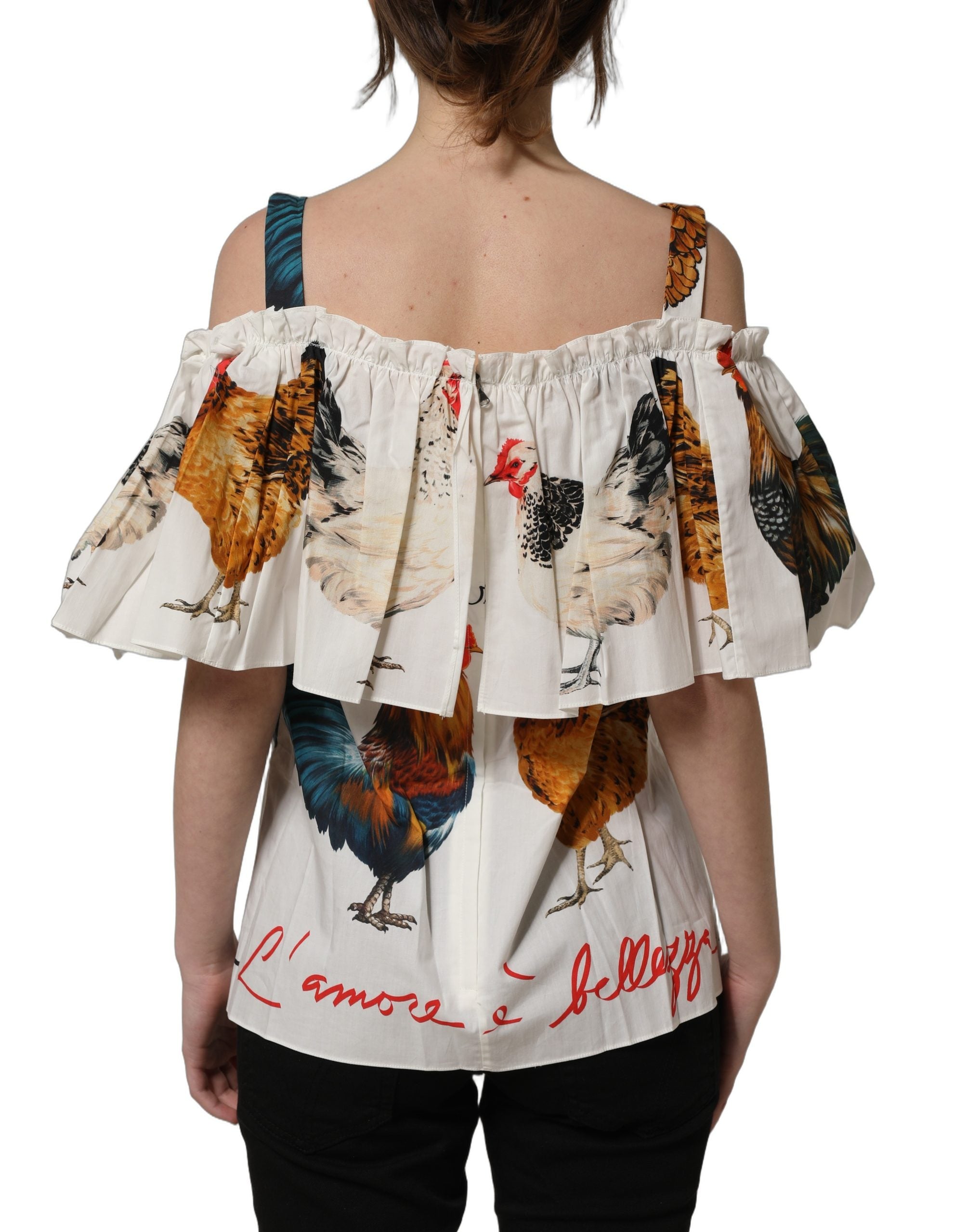 Dolce & Gabbana White Rooster Print Poplin Off The Shoulder Top Dolce & Gabbana