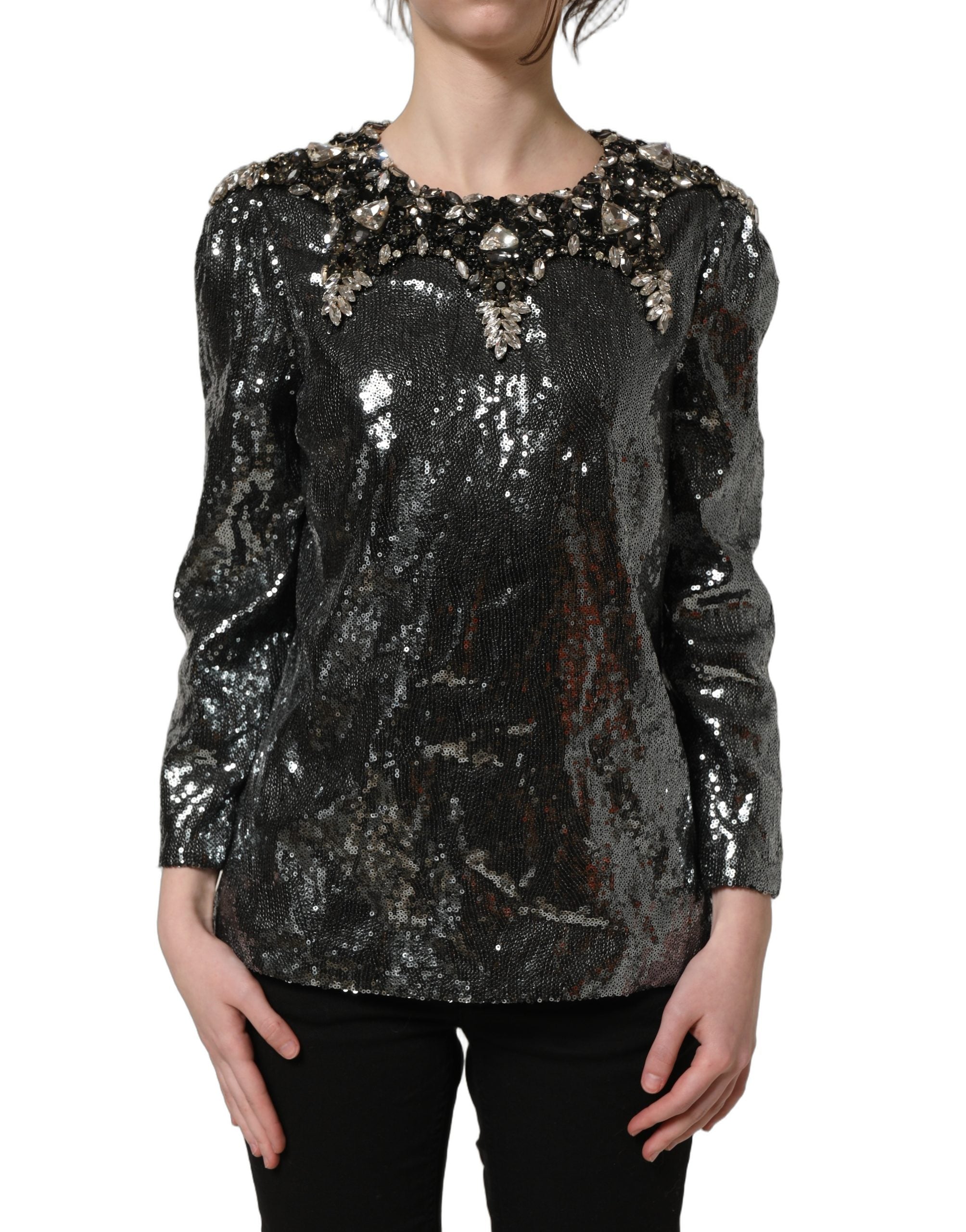 Dolce & Gabbana Metallic Gray Sequin Embellished Blouse Top Dolce & Gabbana