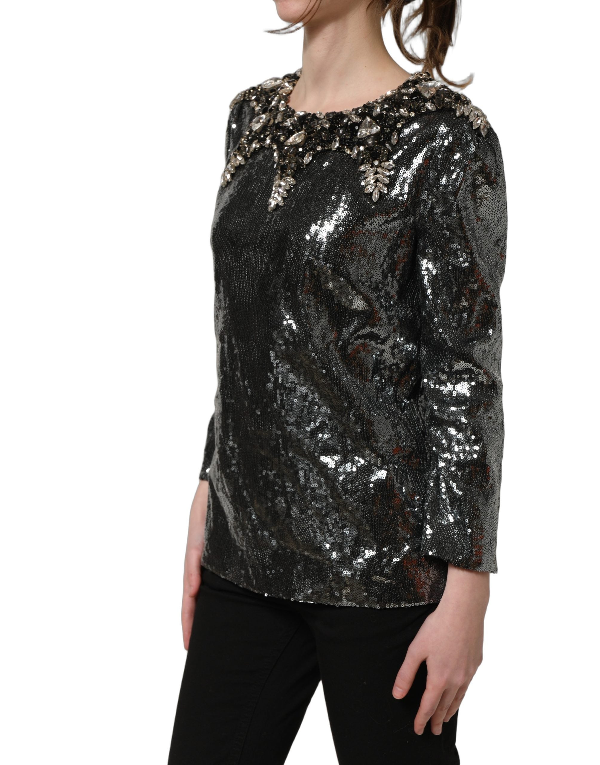 Dolce & Gabbana Metallic Gray Sequin Embellished Blouse Top Dolce & Gabbana
