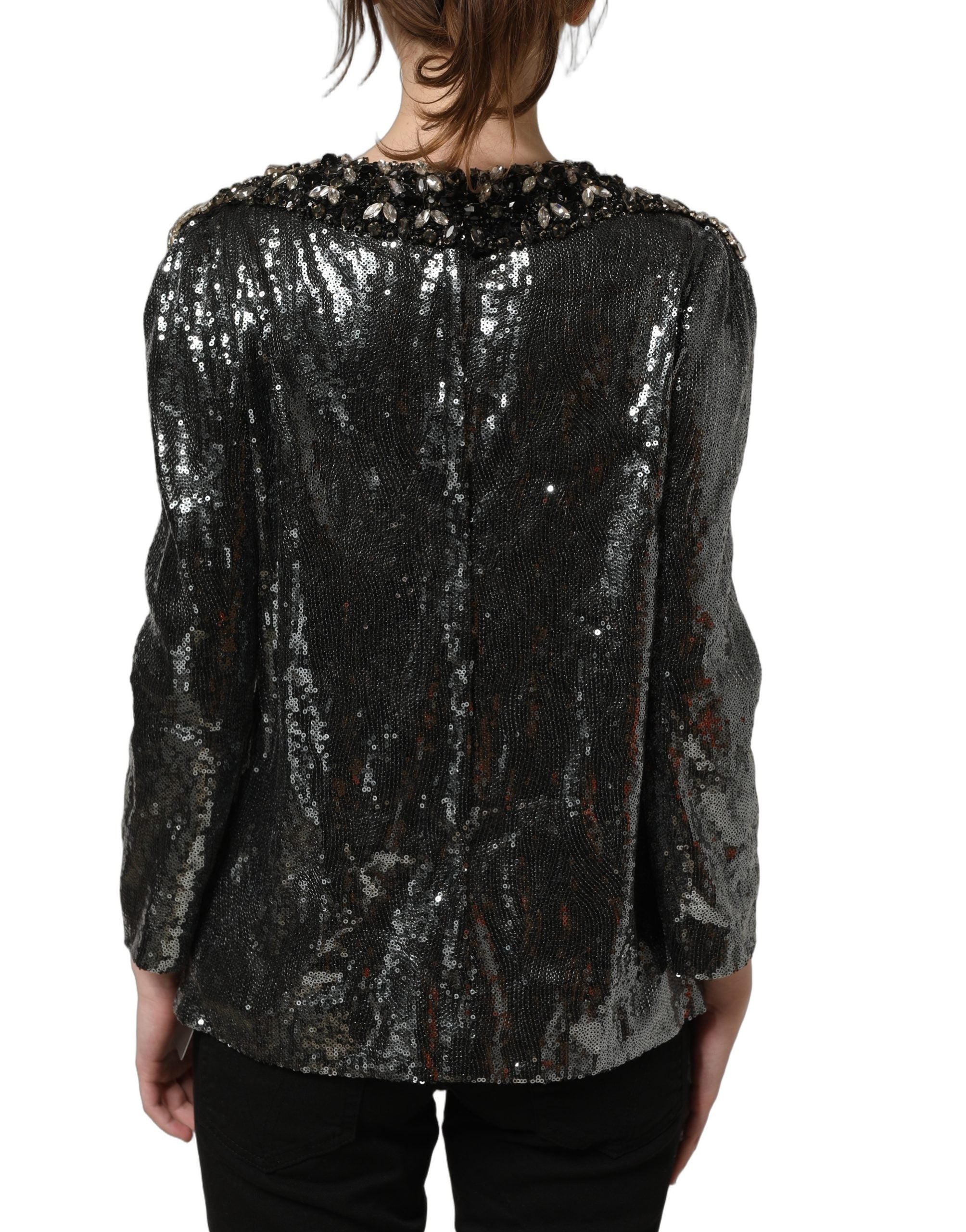 Dolce & Gabbana Metallic Gray Sequin Embellished Blouse Top Dolce & Gabbana