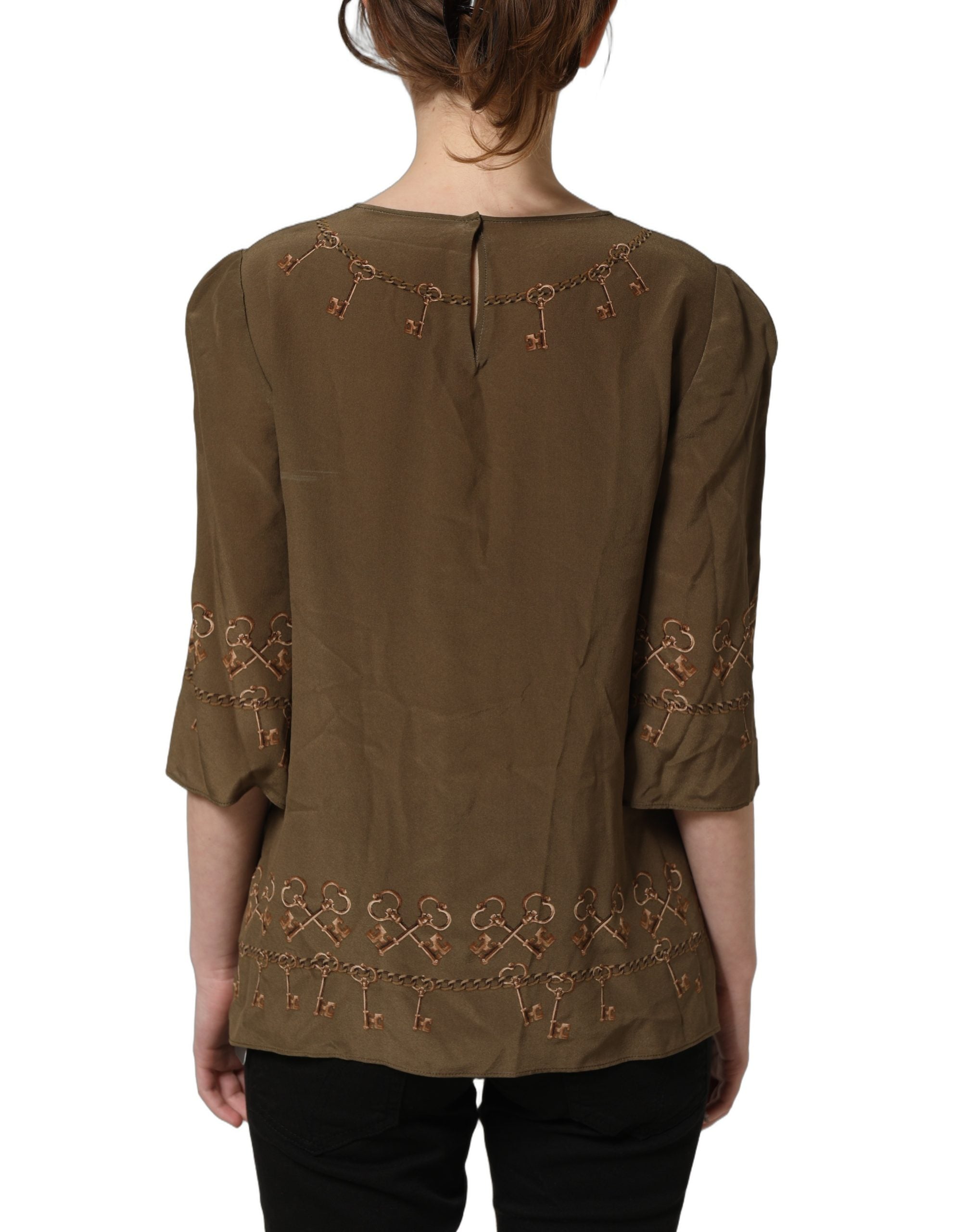 Dolce & Gabbana Brown Keys Roses Printed Silk Blouse Top Dolce & Gabbana