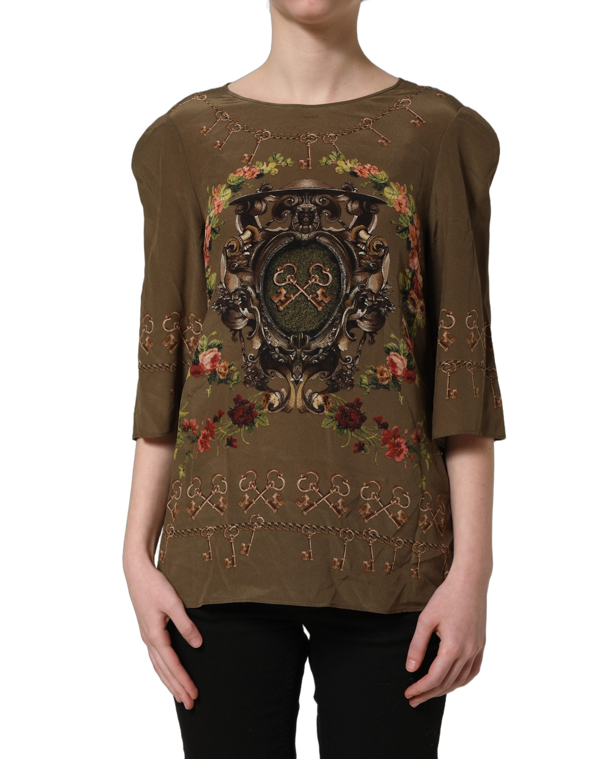 Dolce & Gabbana Brown Keys Roses Printed Silk Blouse Top Dolce & Gabbana