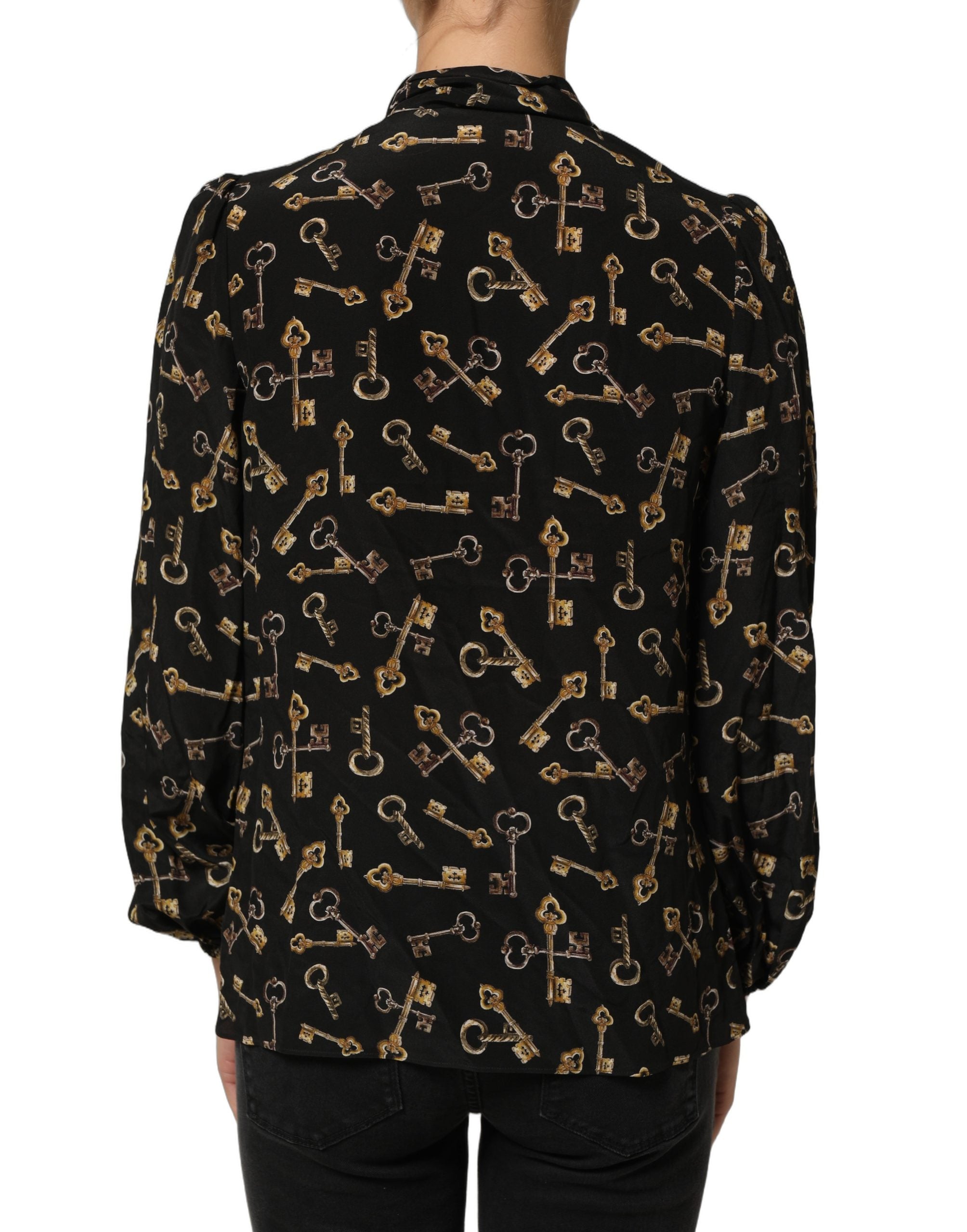 Dolce & Gabbana Black Keys Print Silk Tie Neck Blouse Top Dolce & Gabbana