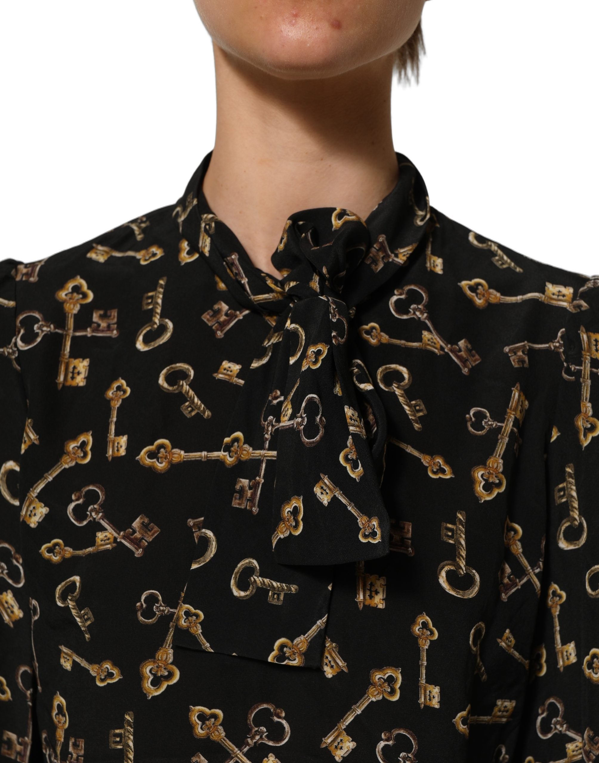 Dolce & Gabbana Black Keys Print Silk Tie Neck Blouse Top Dolce & Gabbana