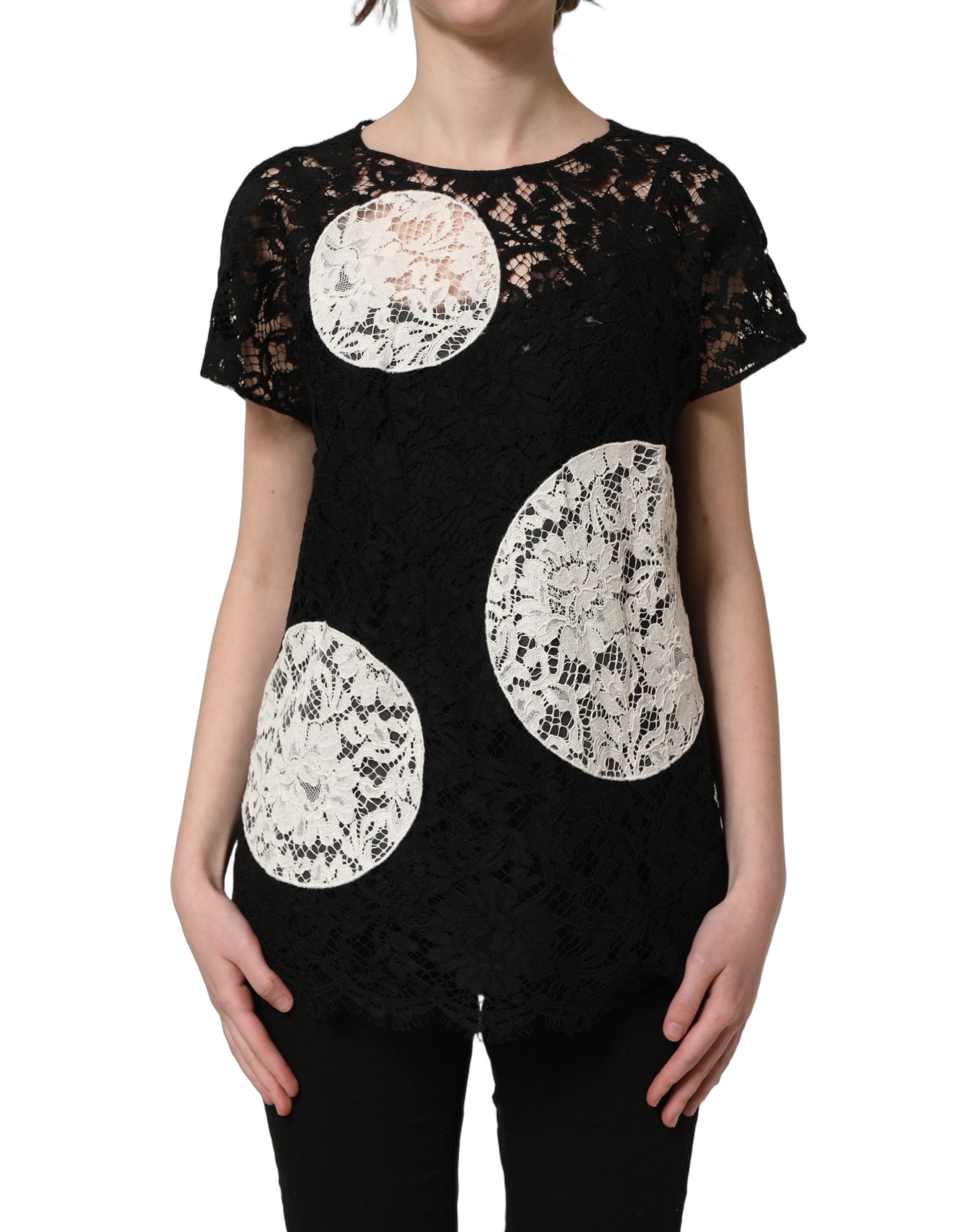 Dolce & Gabbana Black White Floral Lace Short Sleeve Blouse Top Dolce & Gabbana