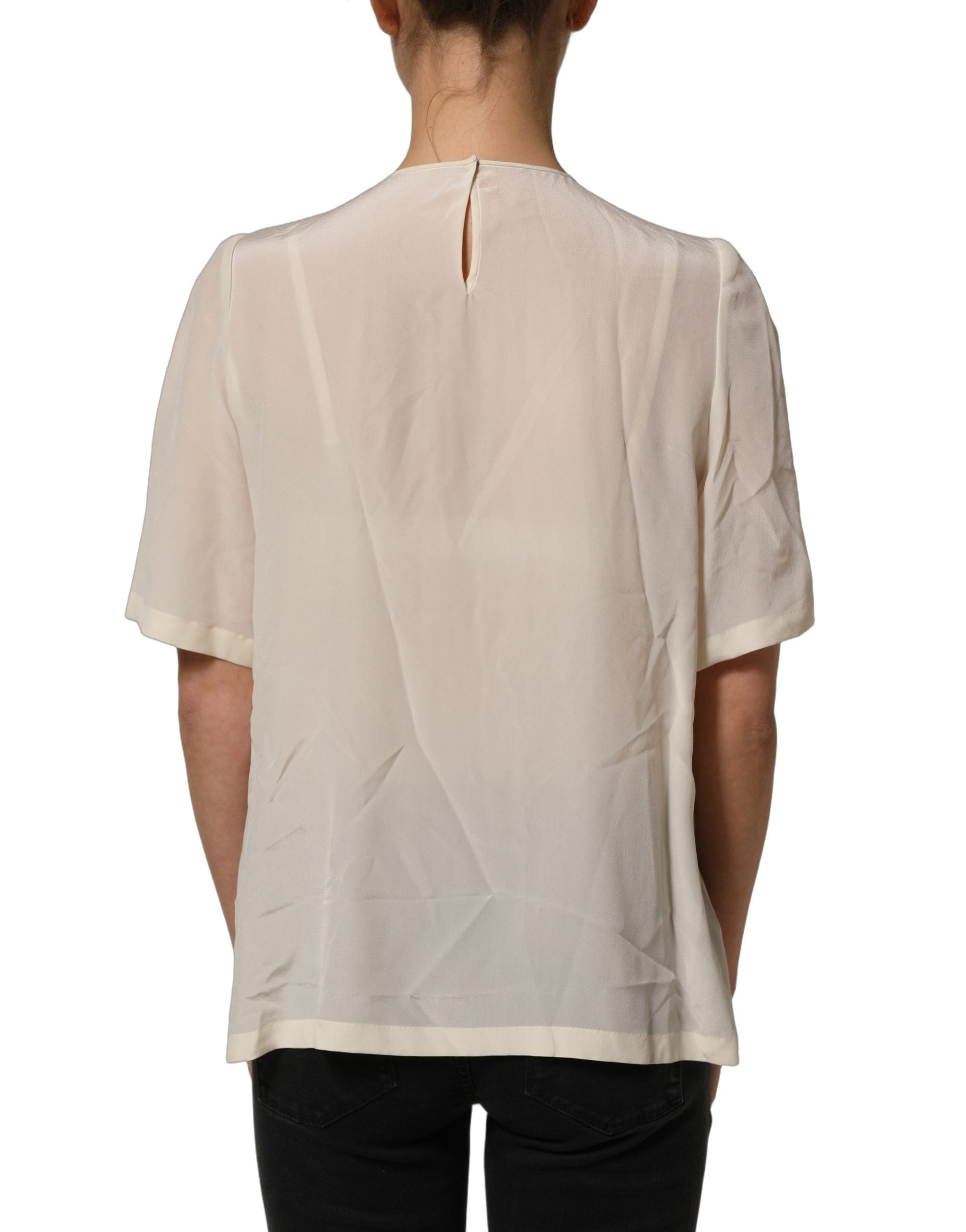 Dolce & Gabbana Beige Lace Trim Bow Short Sleeves Blouse Top Dolce & Gabbana