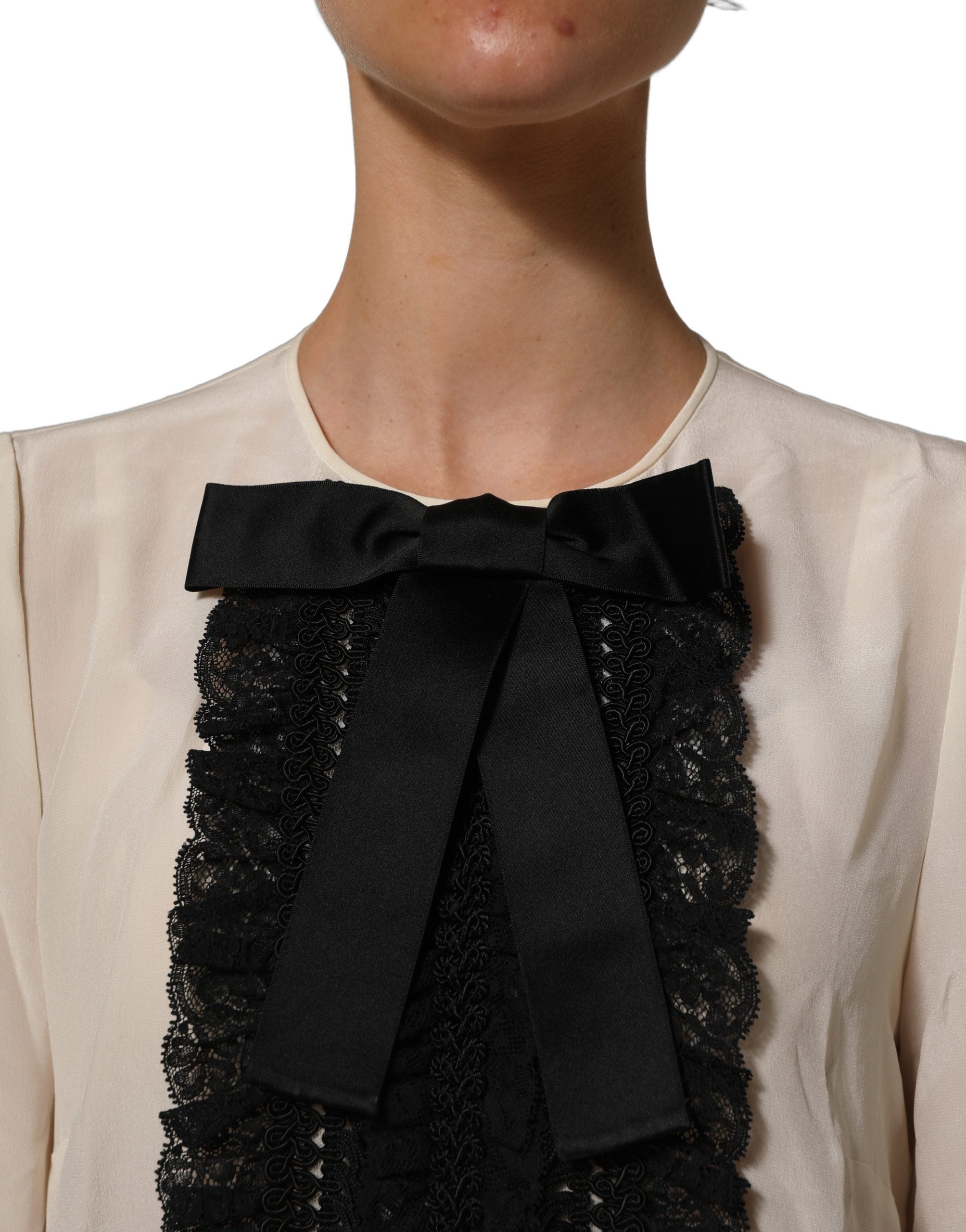 Dolce & Gabbana Beige Lace Trim Bow Short Sleeves Blouse Top Dolce & Gabbana