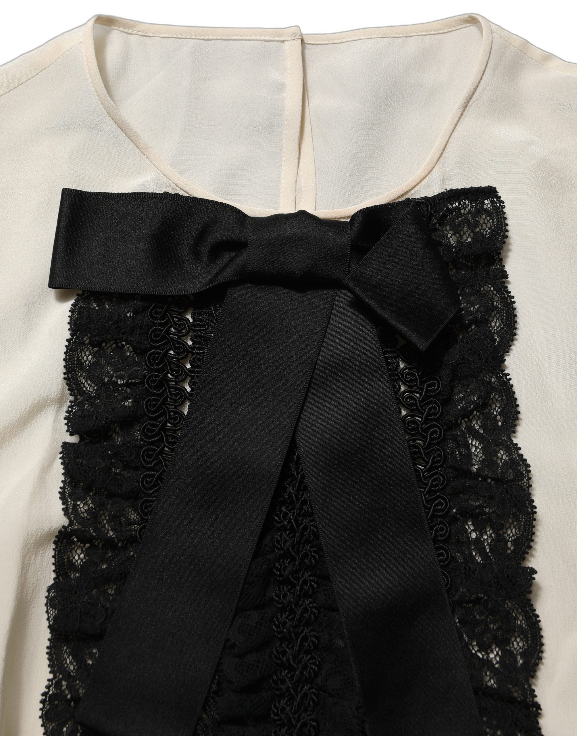 Dolce & Gabbana Beige Lace Trim Bow Short Sleeves Blouse Top Dolce & Gabbana