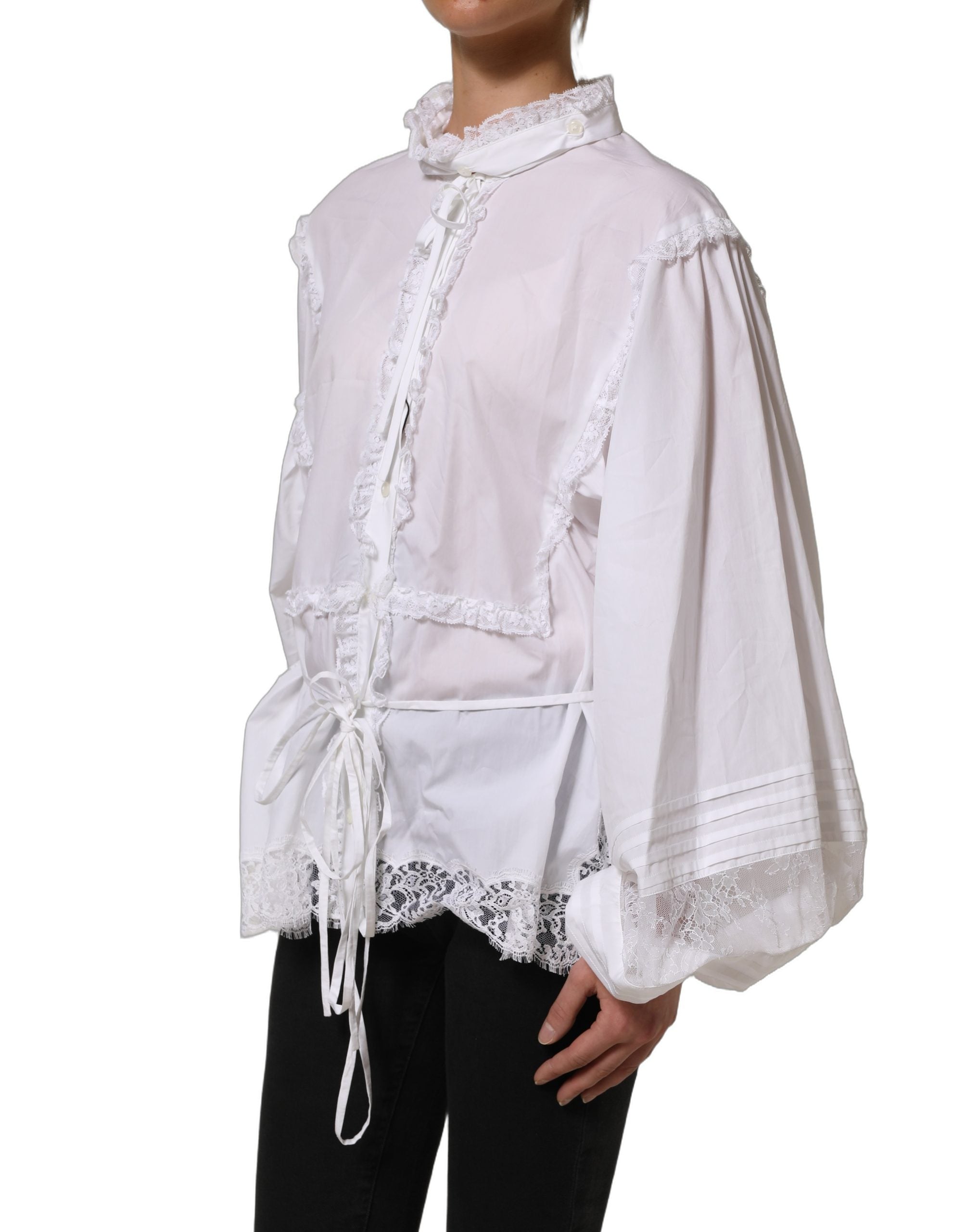 Dolce & Gabbana White Ruffled Lace Embellished Blouse Top Dolce & Gabbana