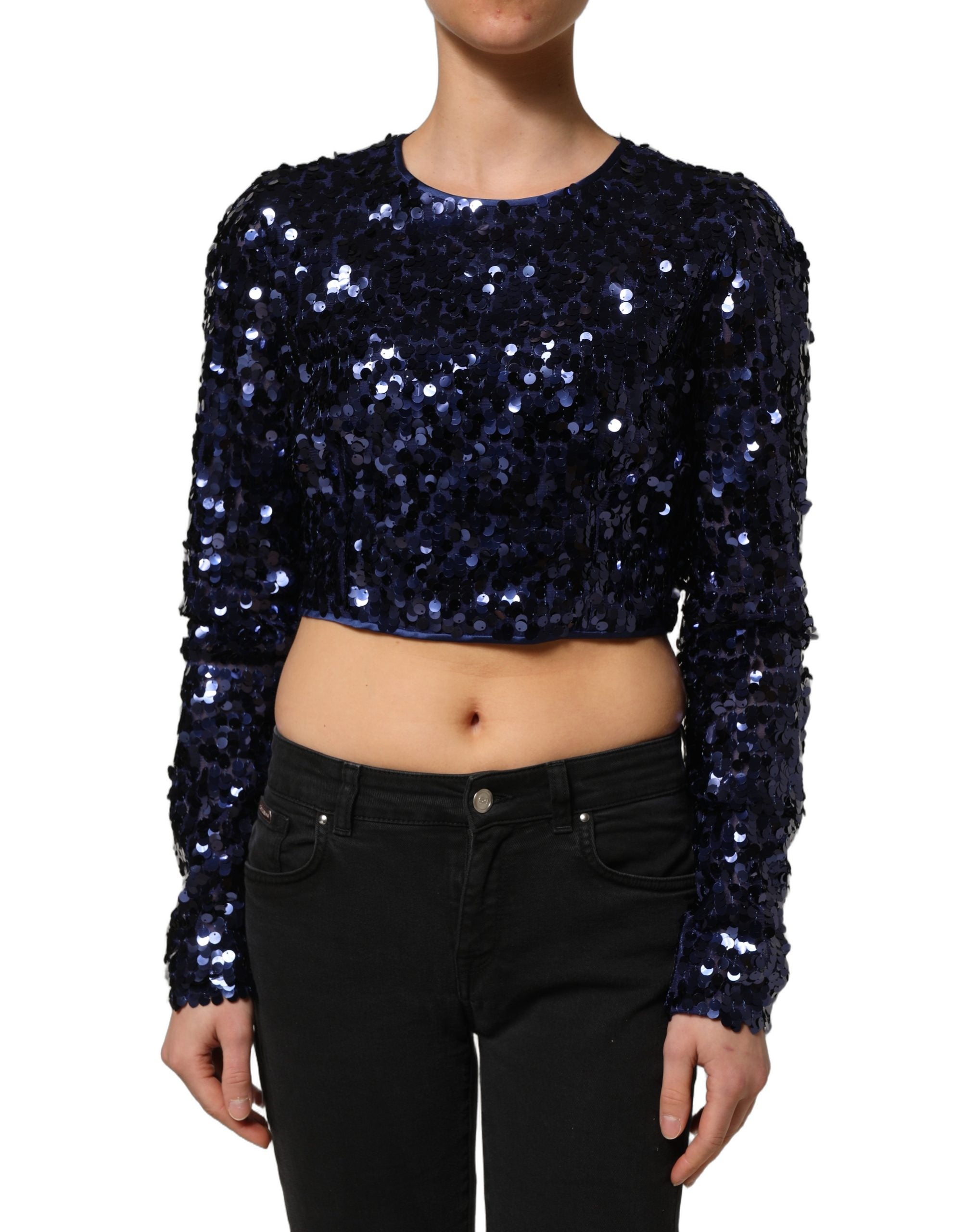Dolce & Gabbana Blue Sequined Long Sleeves Crop Blouse Top Dolce & Gabbana