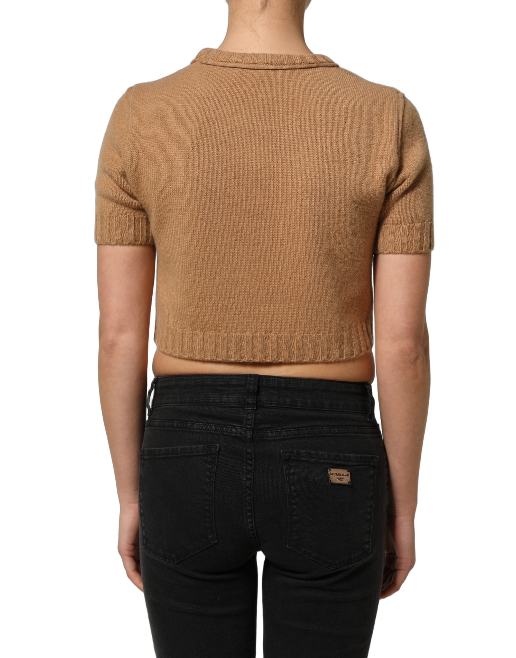 Dolce & Gabbana Brown Wool Short Sleeves Cropped Blouse Top Dolce & Gabbana
