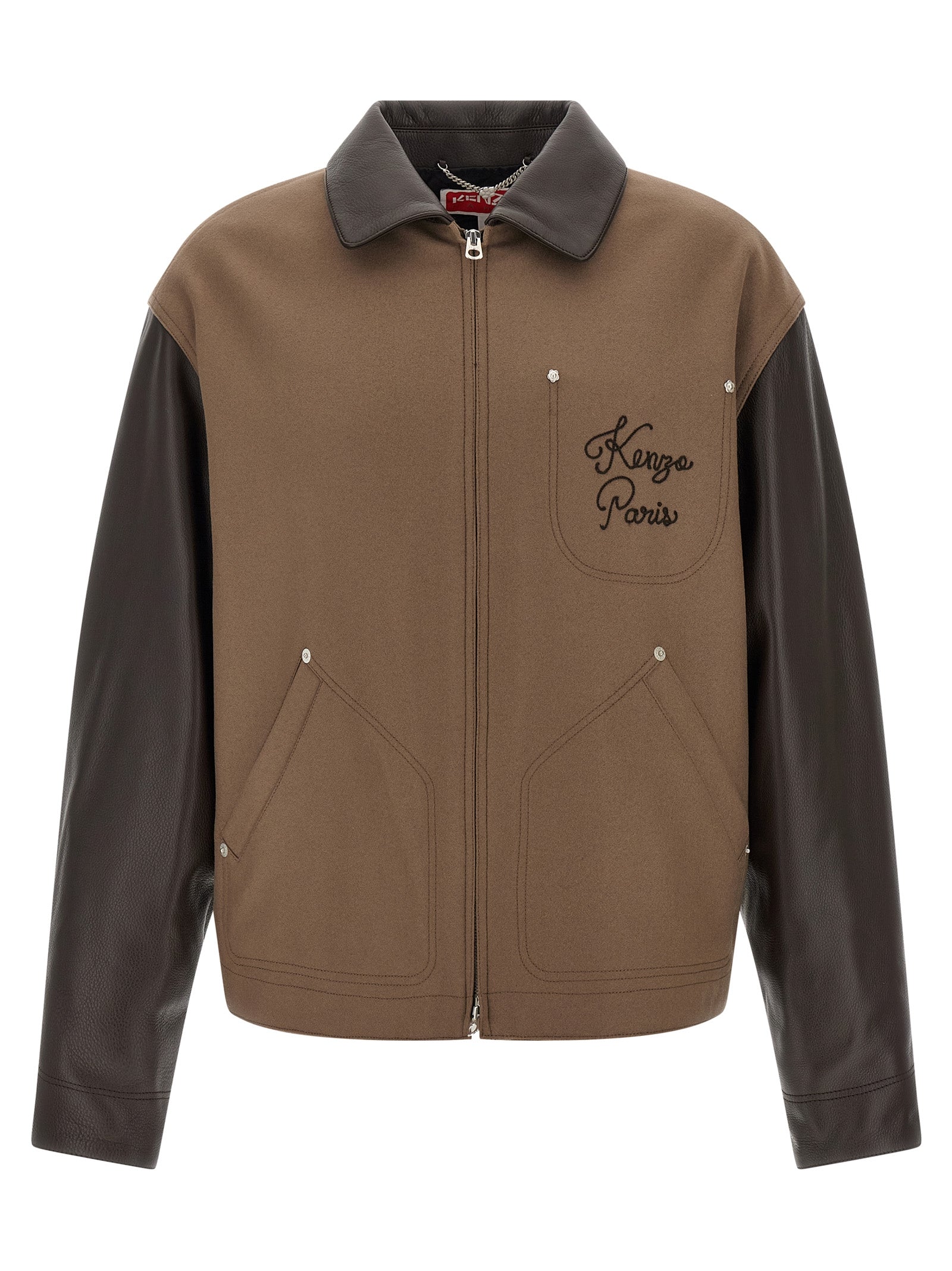 Kenzo Brown Virgin Wool Leather Jacket Kenzo