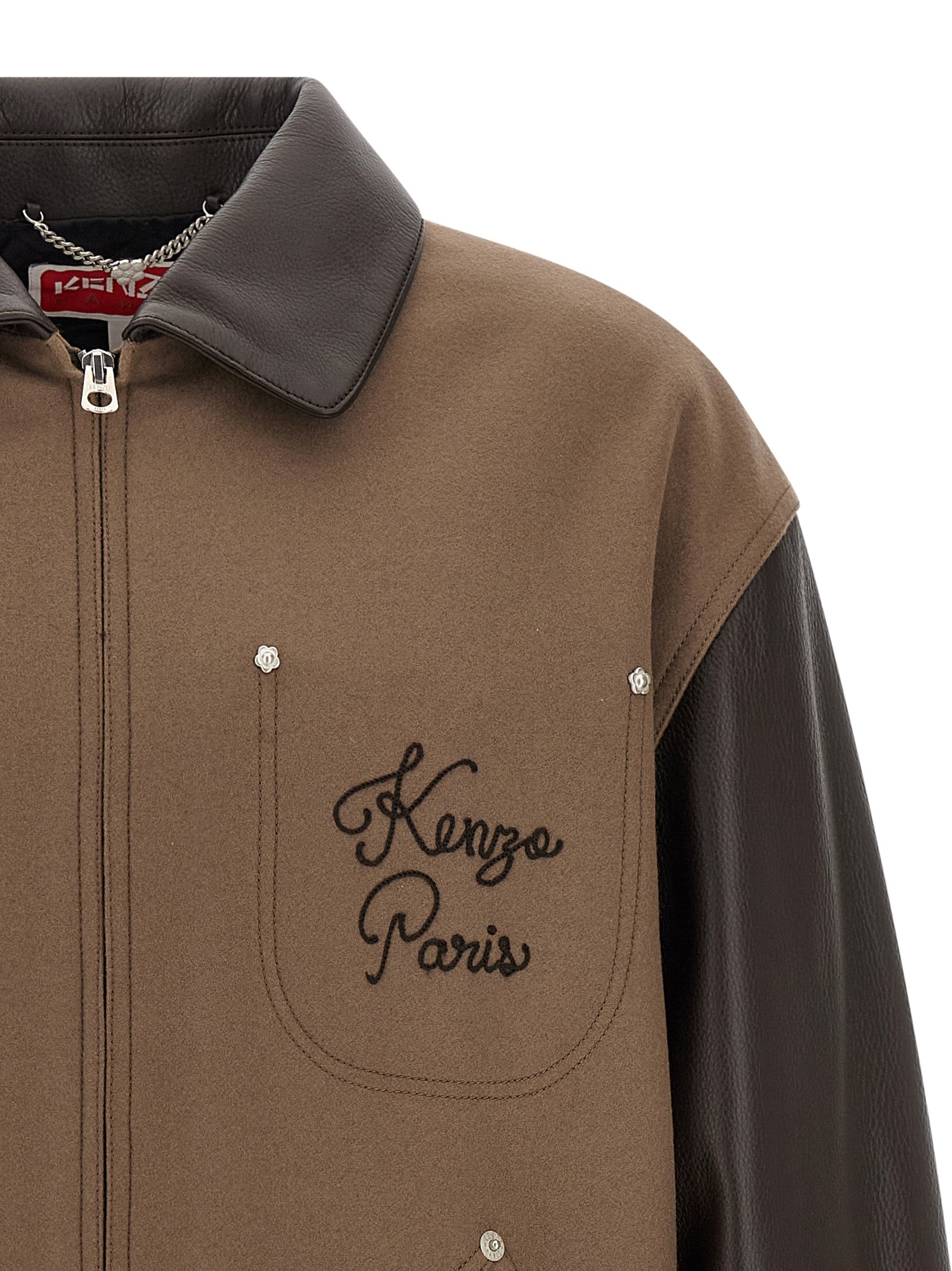 Kenzo Brown Virgin Wool Leather Jacket Kenzo