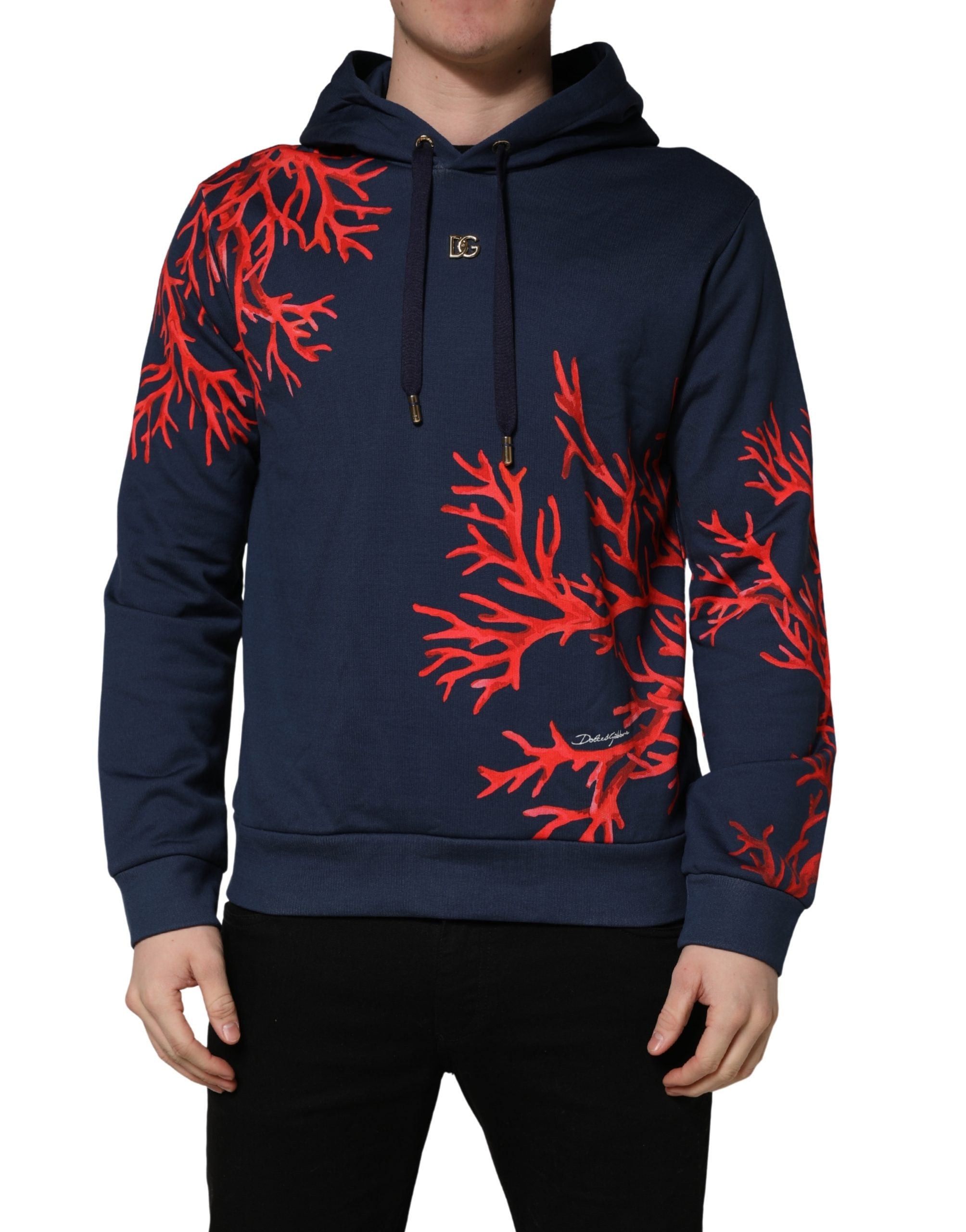 Dolce & Gabbana Blue Cotton Coral Logo Hooded Sweatshirt Sweater Dolce & Gabbana